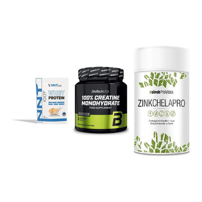 Einsteiger-Set: NNT Whey + BioTech Creatine + Sinob Zink – alle enthaltenen Artikel
