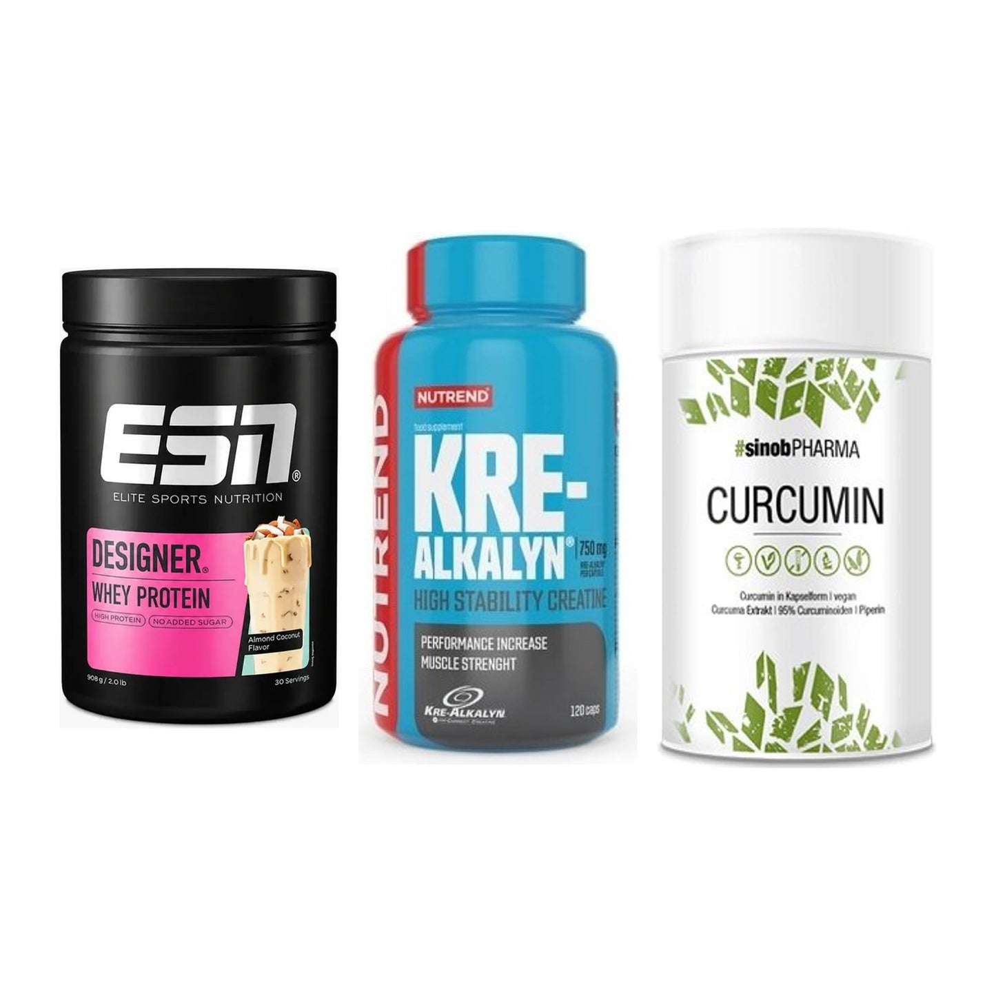 Einsteiger-Set: ESN Designer + Nutrend Kre-Alka + Sinob Curcumin – alle enthaltenen Artikel