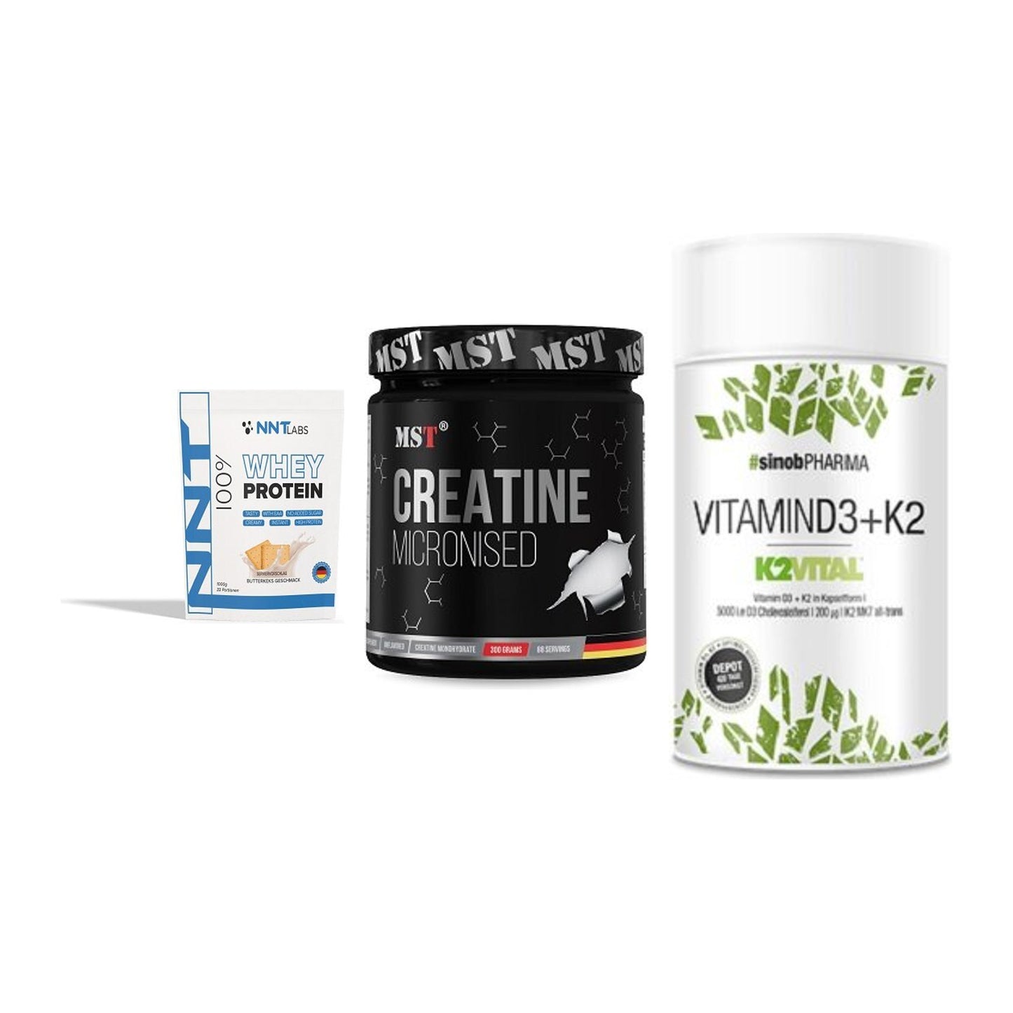 Einsteiger-Set: NNT Whey + MST Creatin + Sinob Vitamin D3 – alle enthaltenen Artikel