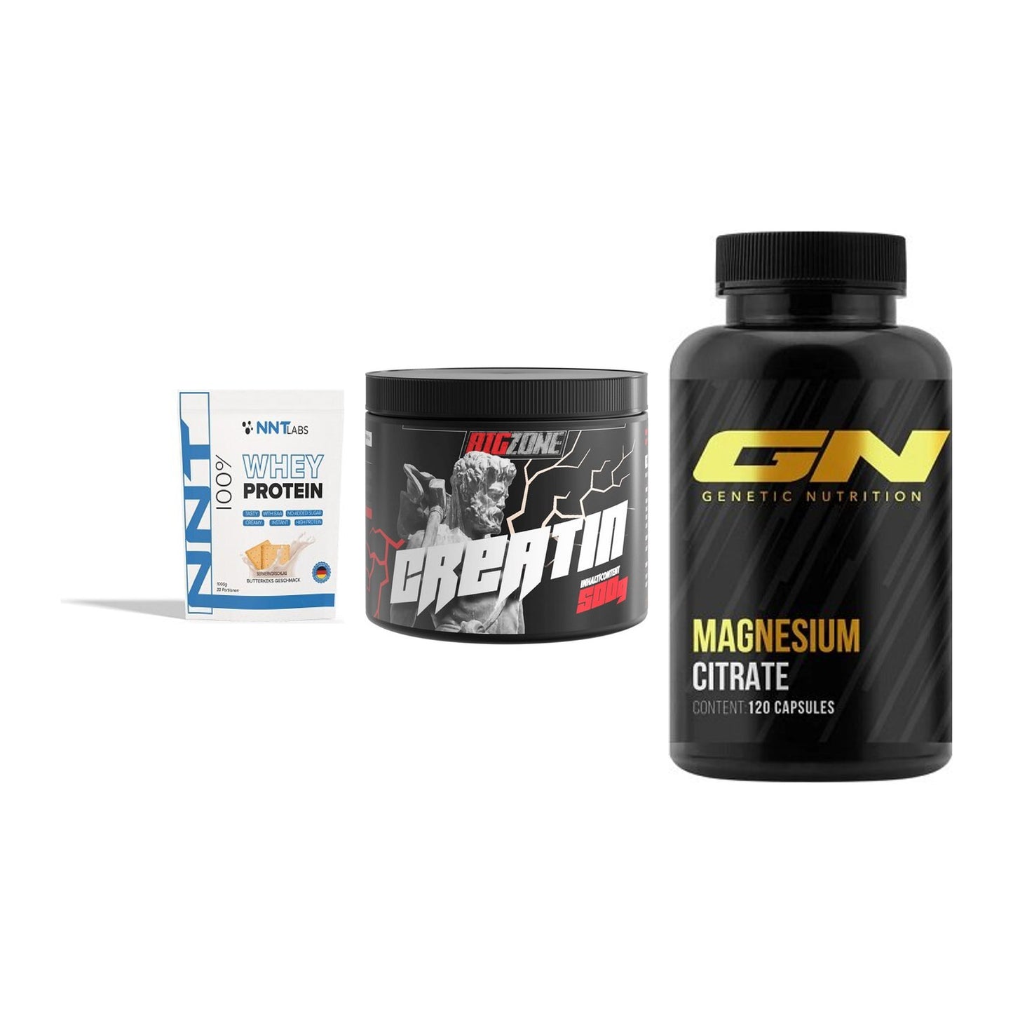 Einsteiger-Set: NNT Whey + Big Zone Creatin + GN Magnesium Citrate – alle enthaltenen Artikel