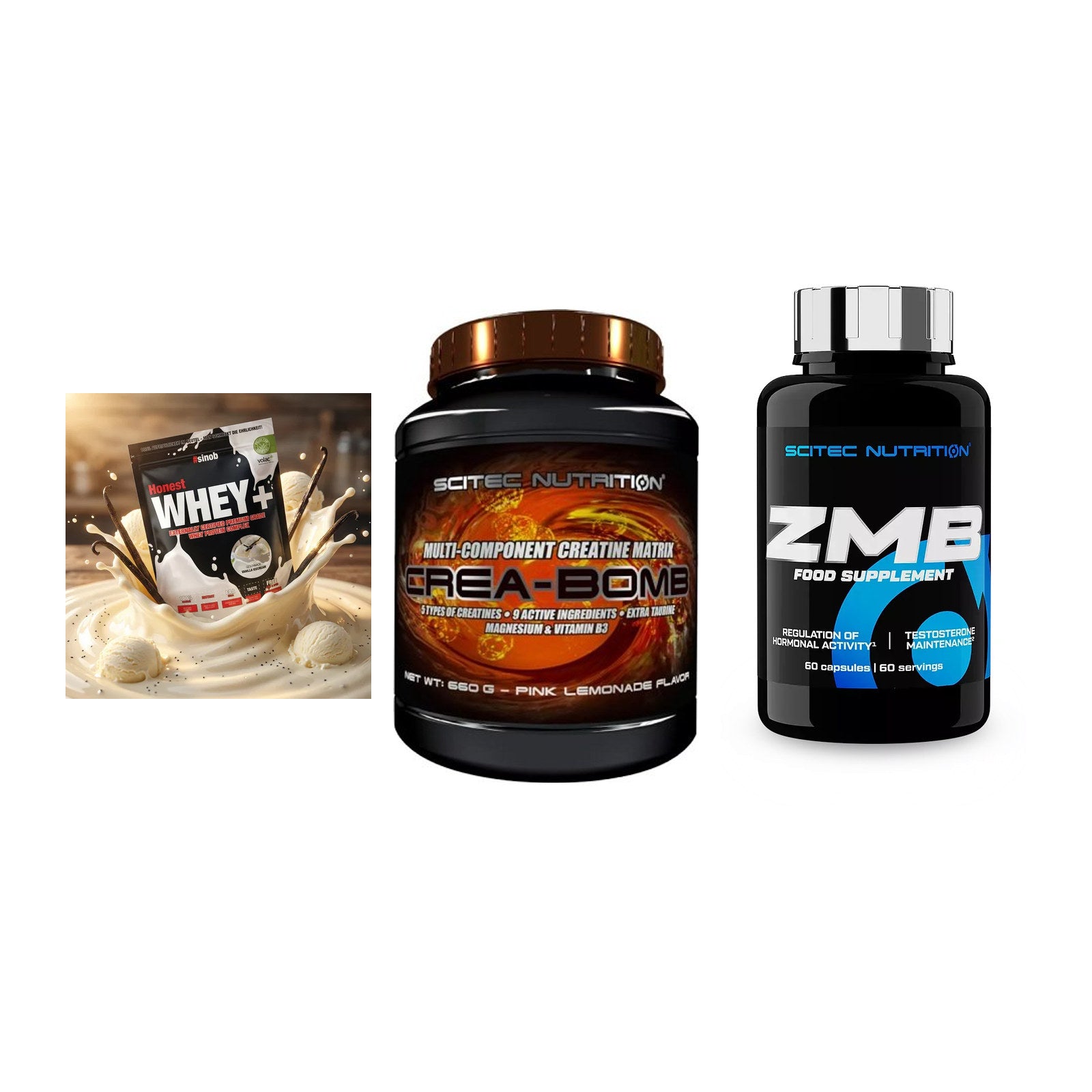 Einsteiger-Set: Sinob Honest Whey+ + Scitec Crea-Bomb + Scitec ZMB – alle enthaltenen Artikel