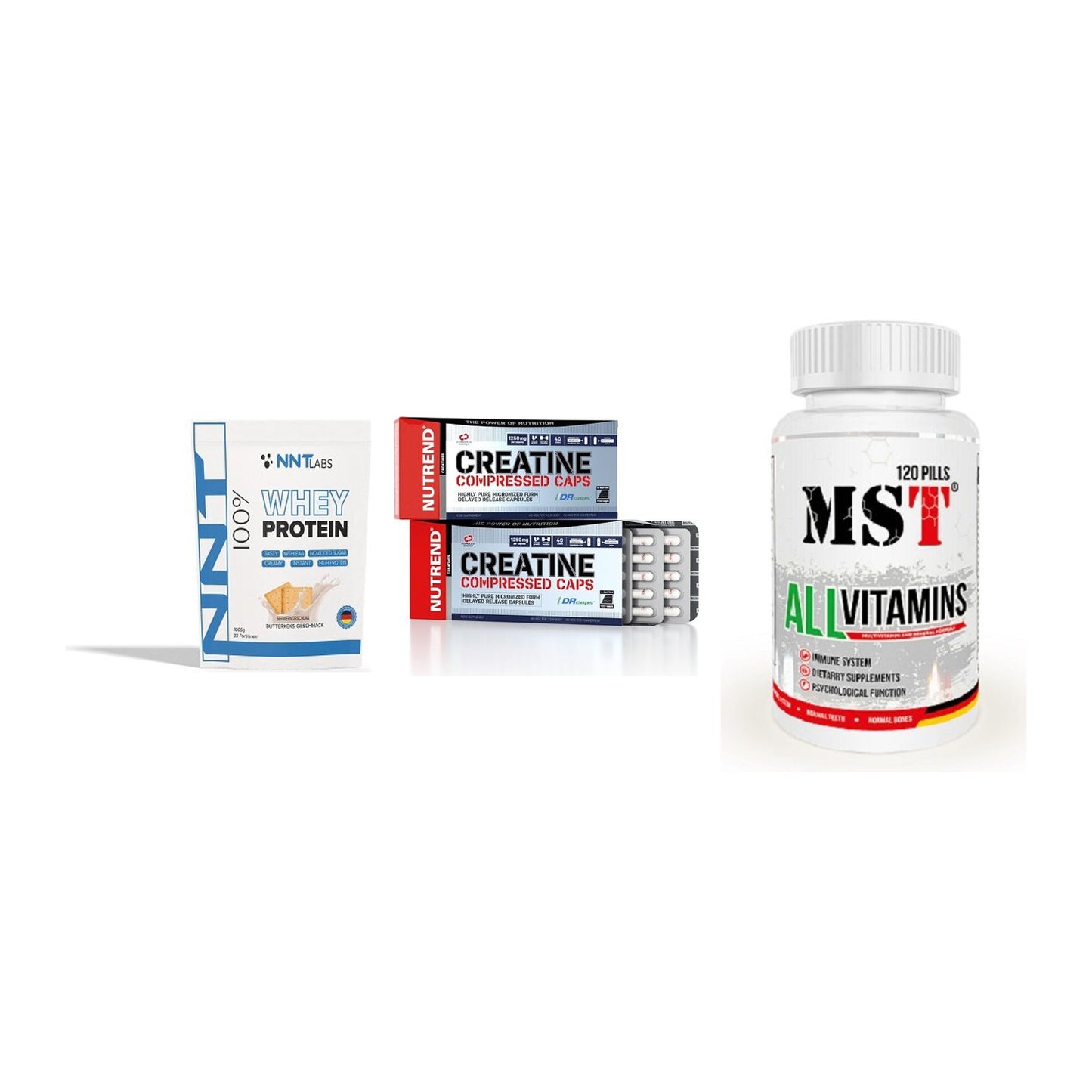 Einsteiger-Set: NNT Whey + Nutrend Creatine + MST All Vitamins – alle enthaltenen Artikel