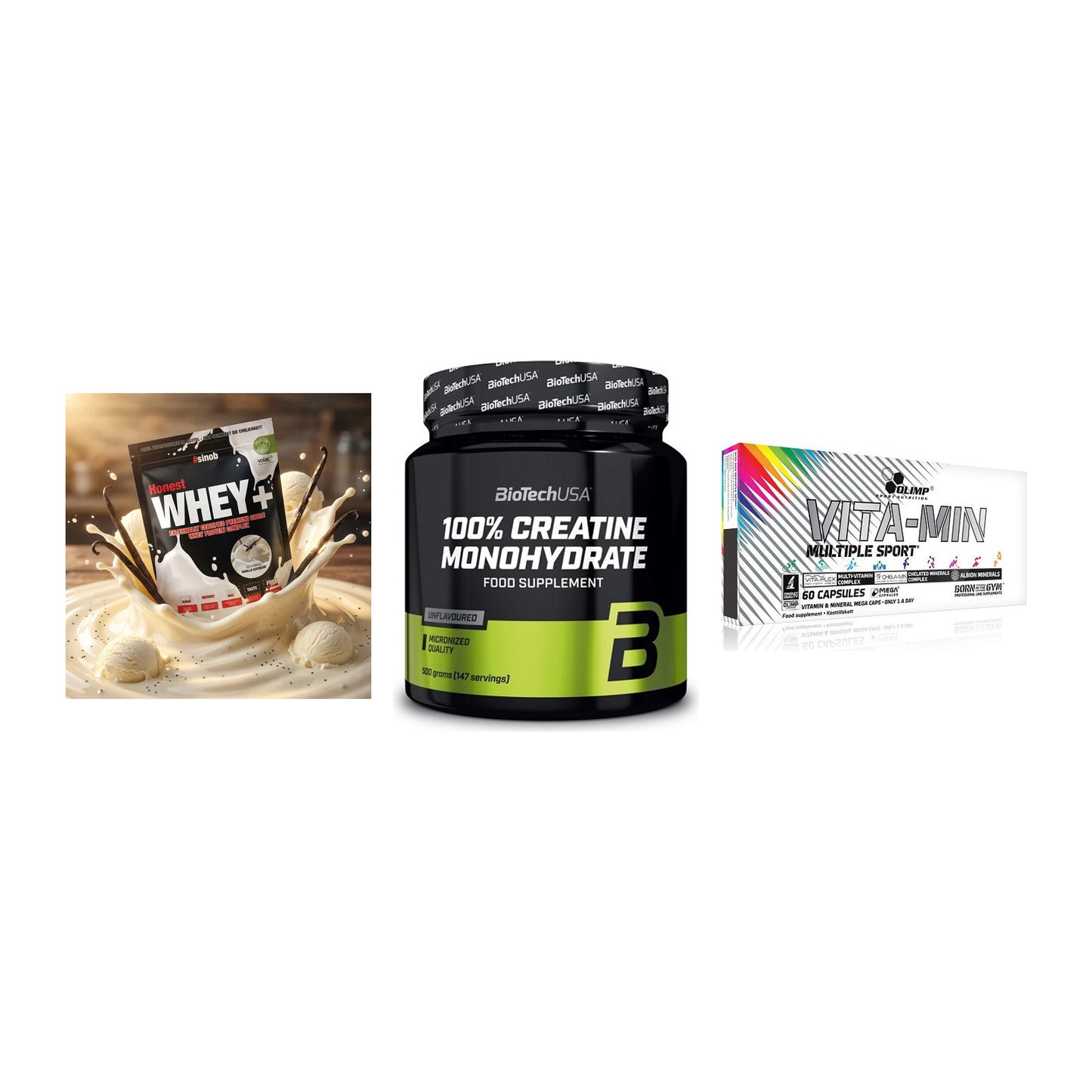 Einsteiger-Set: Sinob Honest + BioTech Creatine + Olimp Vita-Min – alle enthaltenen Artikel