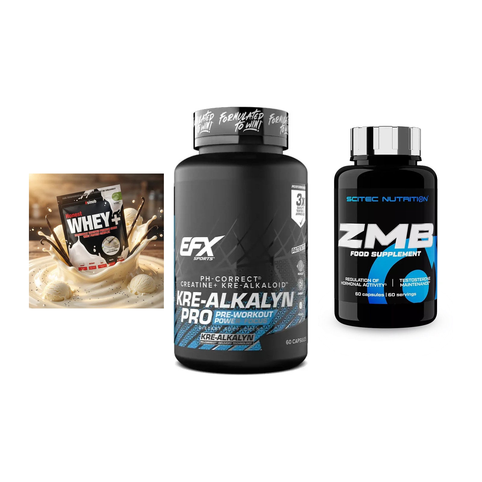 Einsteiger-Set: Sinob Honest Whey+ + EFX Kre-Alkalyn PRO + Scitec ZMB – alle enthaltenen Artikel