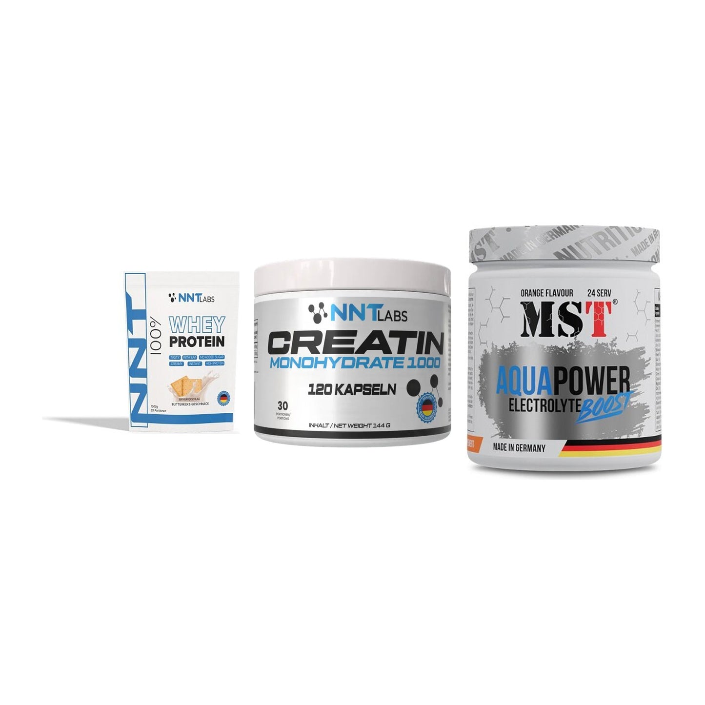Einsteiger-Set: NNT Whey + NNT Creatin 1000 + MST Aqua Power – alle enthaltenen Artikel