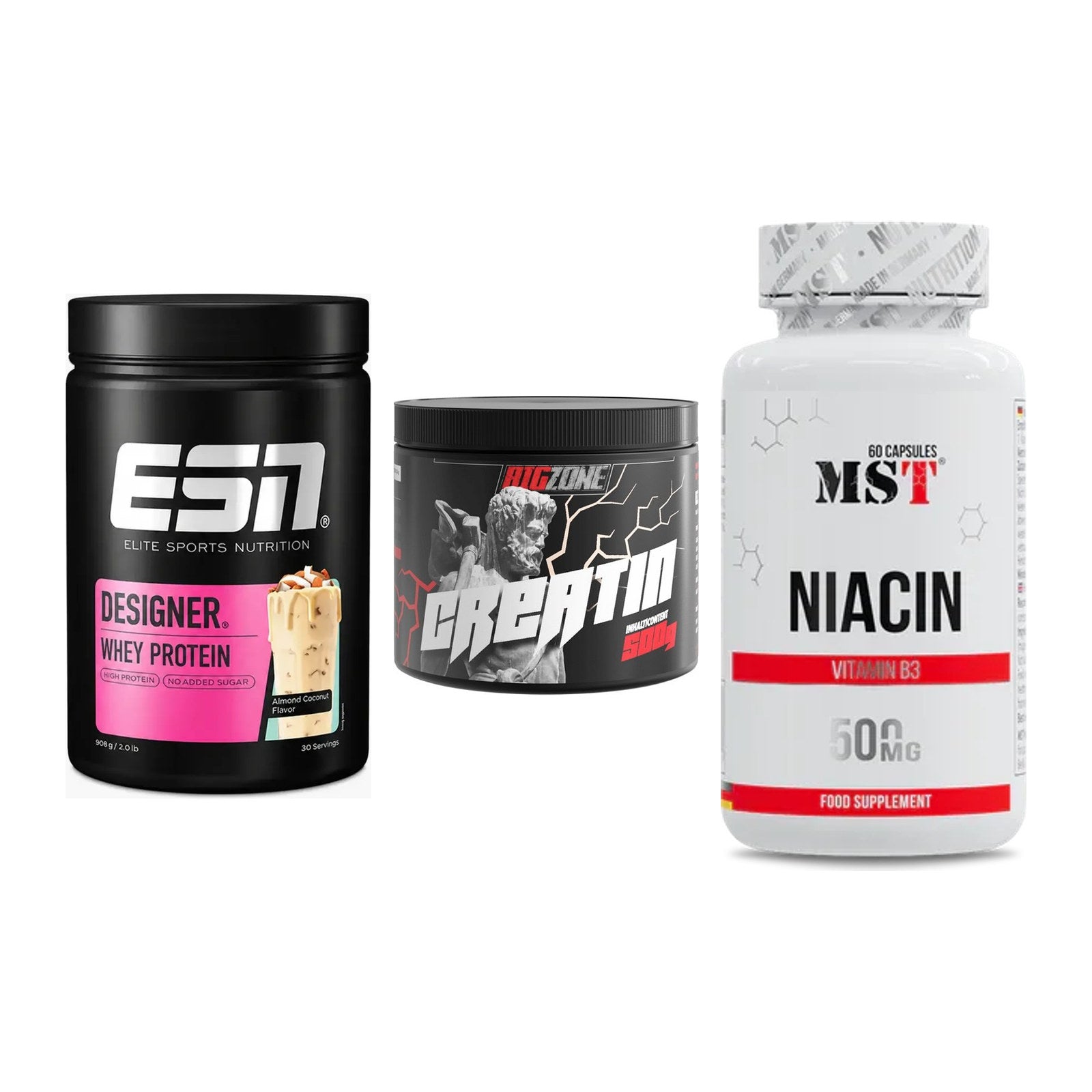 Einsteiger-Set: ESN Designer Whey + Big Zone Creatin + MST Niacin – alle enthaltenen Artikel