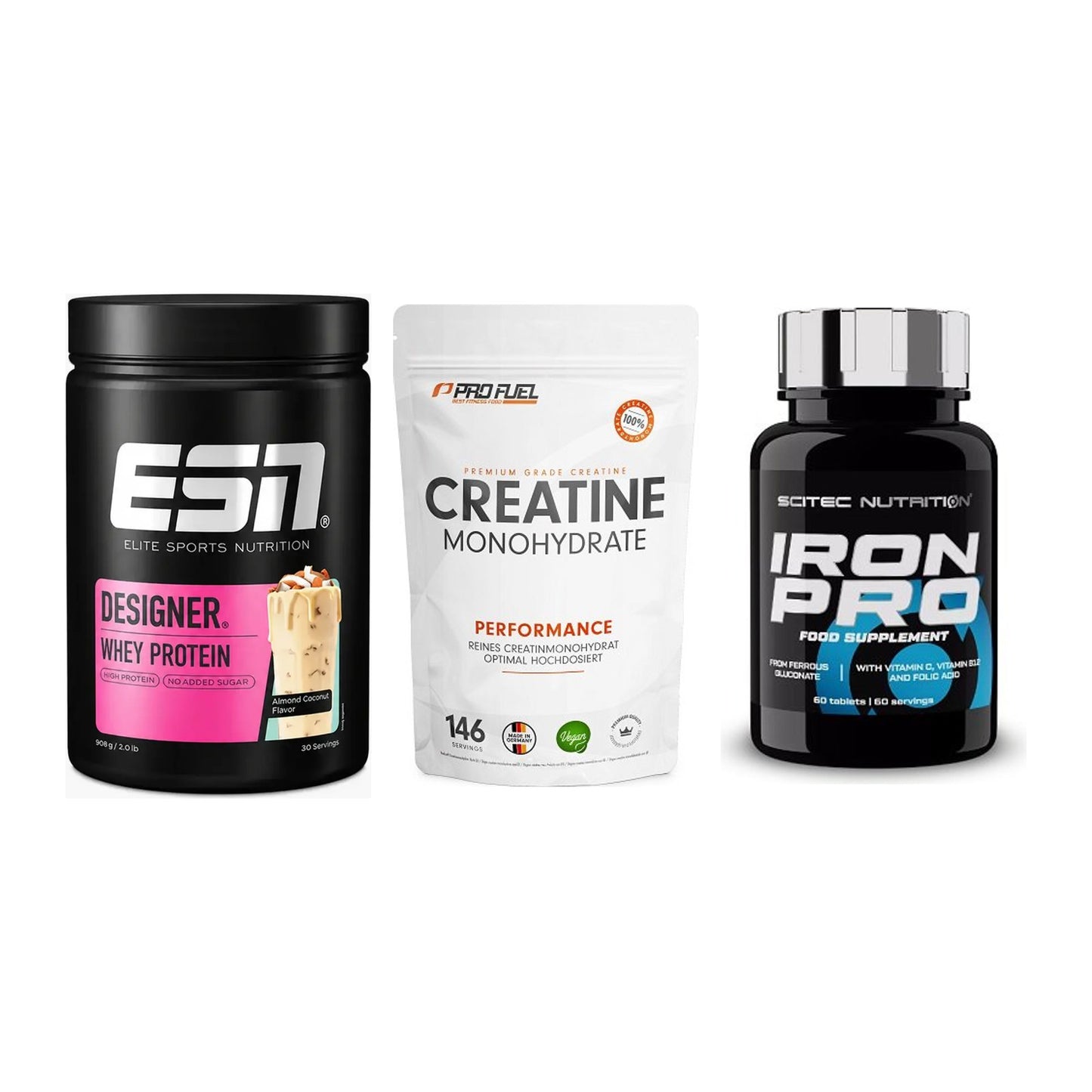 Einsteiger-Set: ESN Designer + ProFuel Creatine + Scitec Iron Pro – alle enthaltenen Artikel