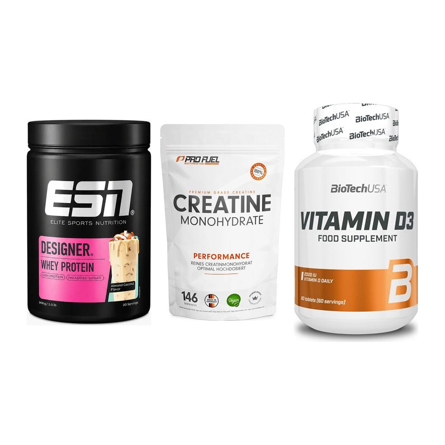 Einsteiger-Set: ESN Designer + ProFuel Creatine + BioTech Vitamin – alle enthaltenen Artikel