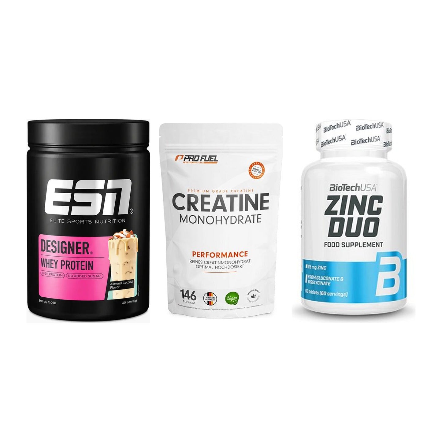 Einsteiger-Set: ESN Designer + ProFuel Creatine + BioTech Zinc Duo – alle enthaltenen Artikel
