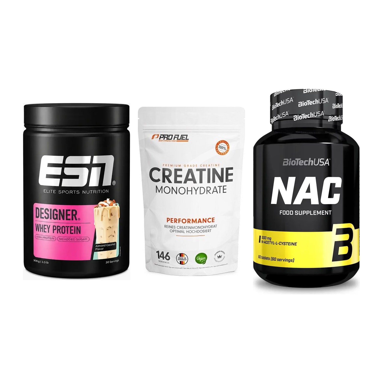 Einsteiger-Set: ESN Designer + ProFuel Creatine + BioTech NAC – alle enthaltenen Artikel