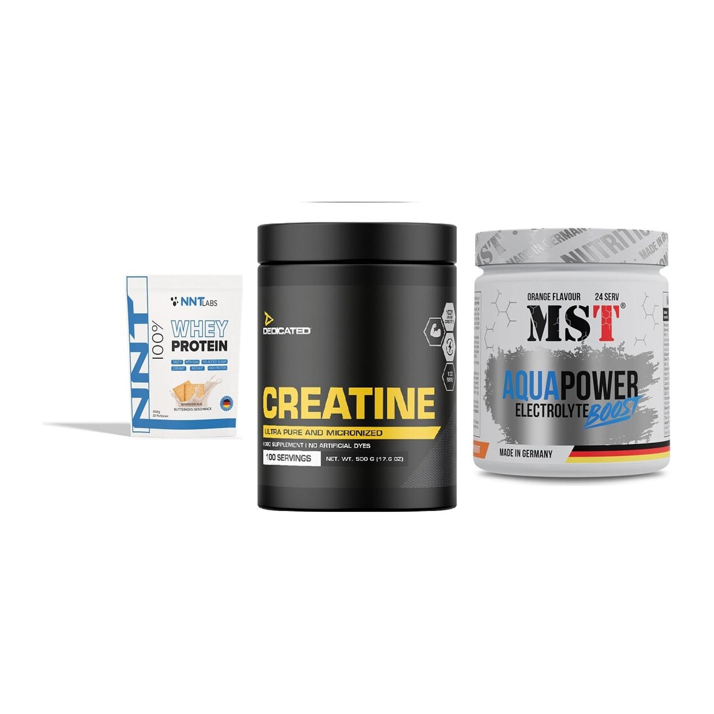 Einsteiger-Set: NNT Whey + Dedicated + MST Aqua Power – alle enthaltenen Artikel
