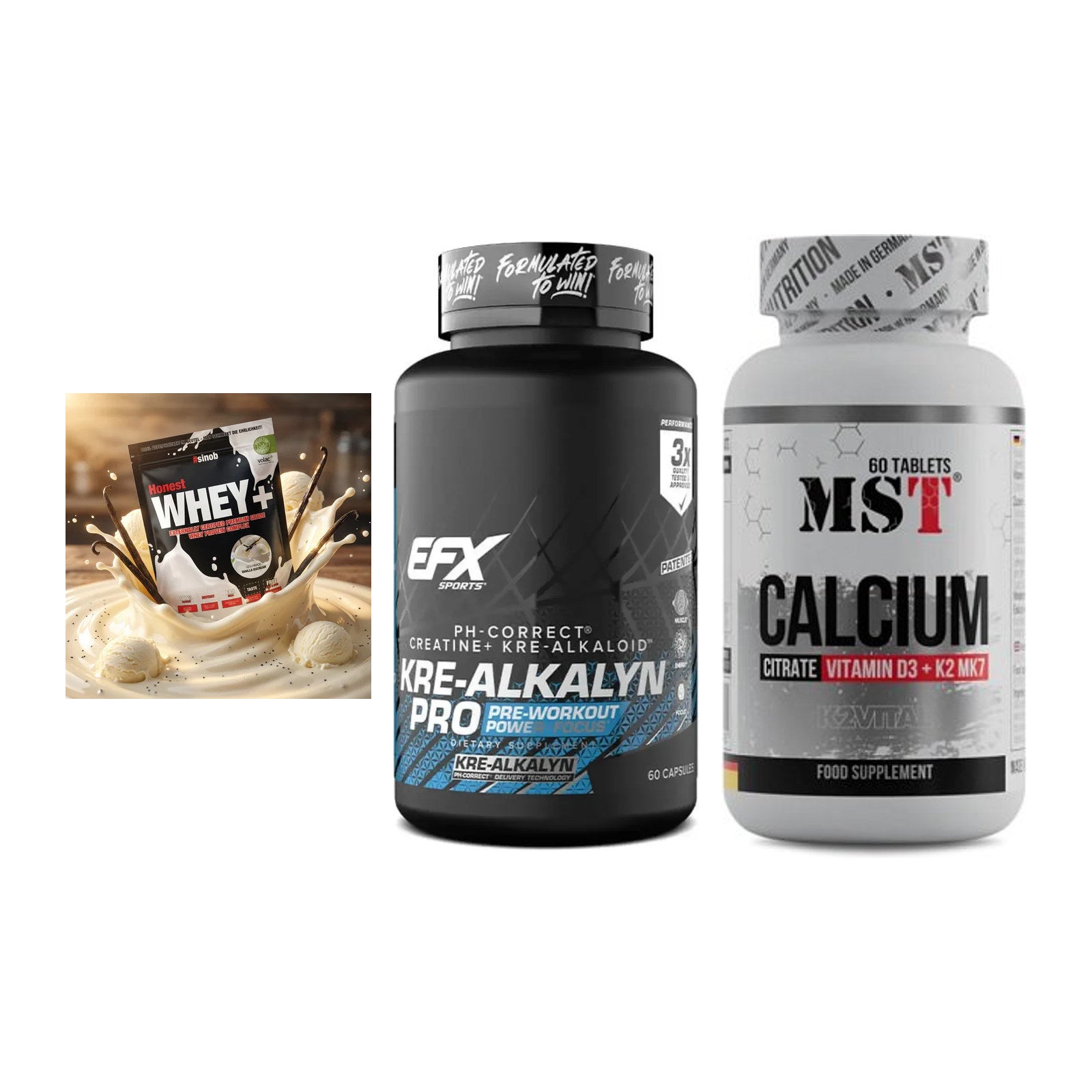 Einsteiger-Set: Sinob Honest + EFX Kre-Alkalyn + MST Calcium – alle enthaltenen Artikel