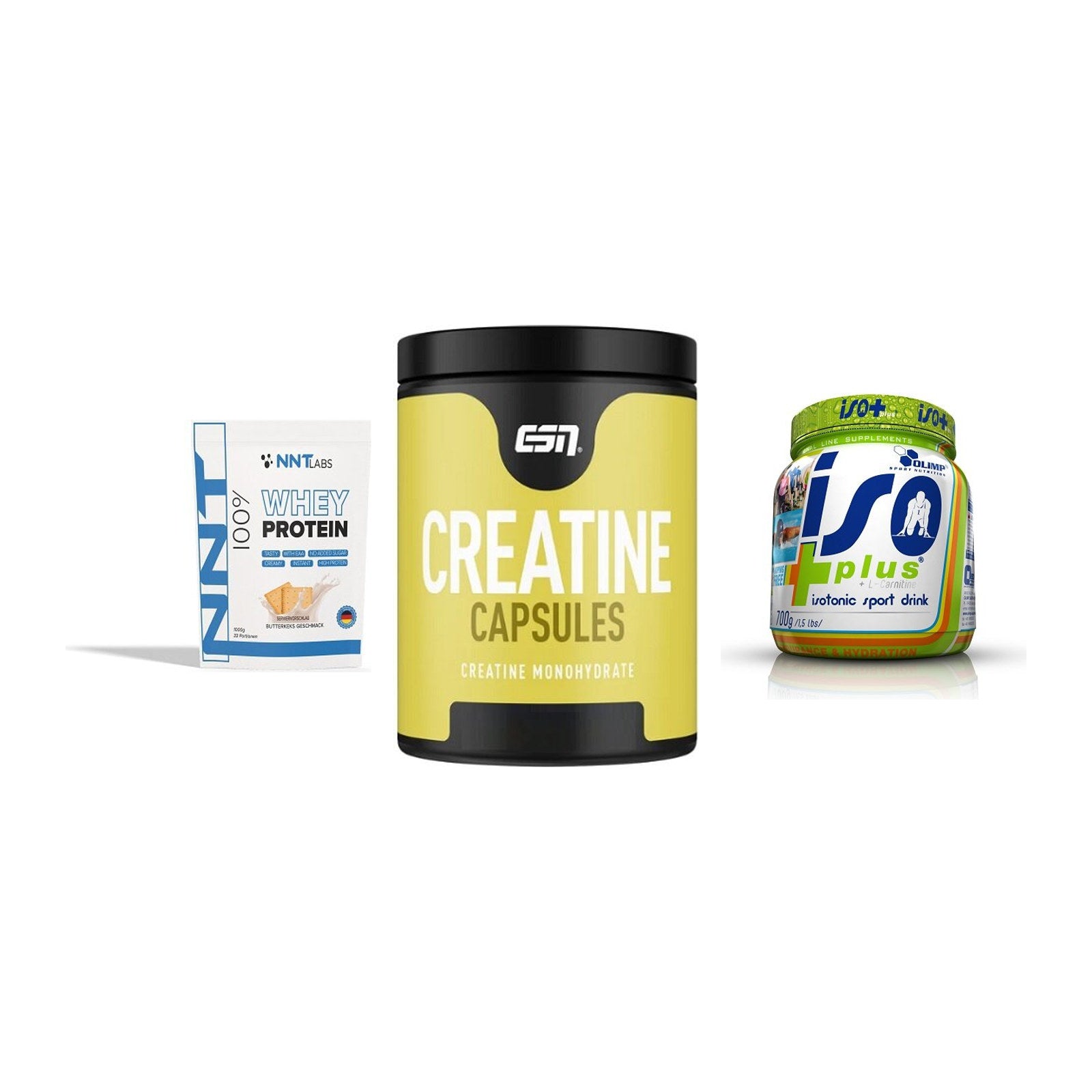 Einsteiger-Set: NNT Whey + ESN Ultrapure Creatine + Olimp Iso Plus – alle enthaltenen Artikel