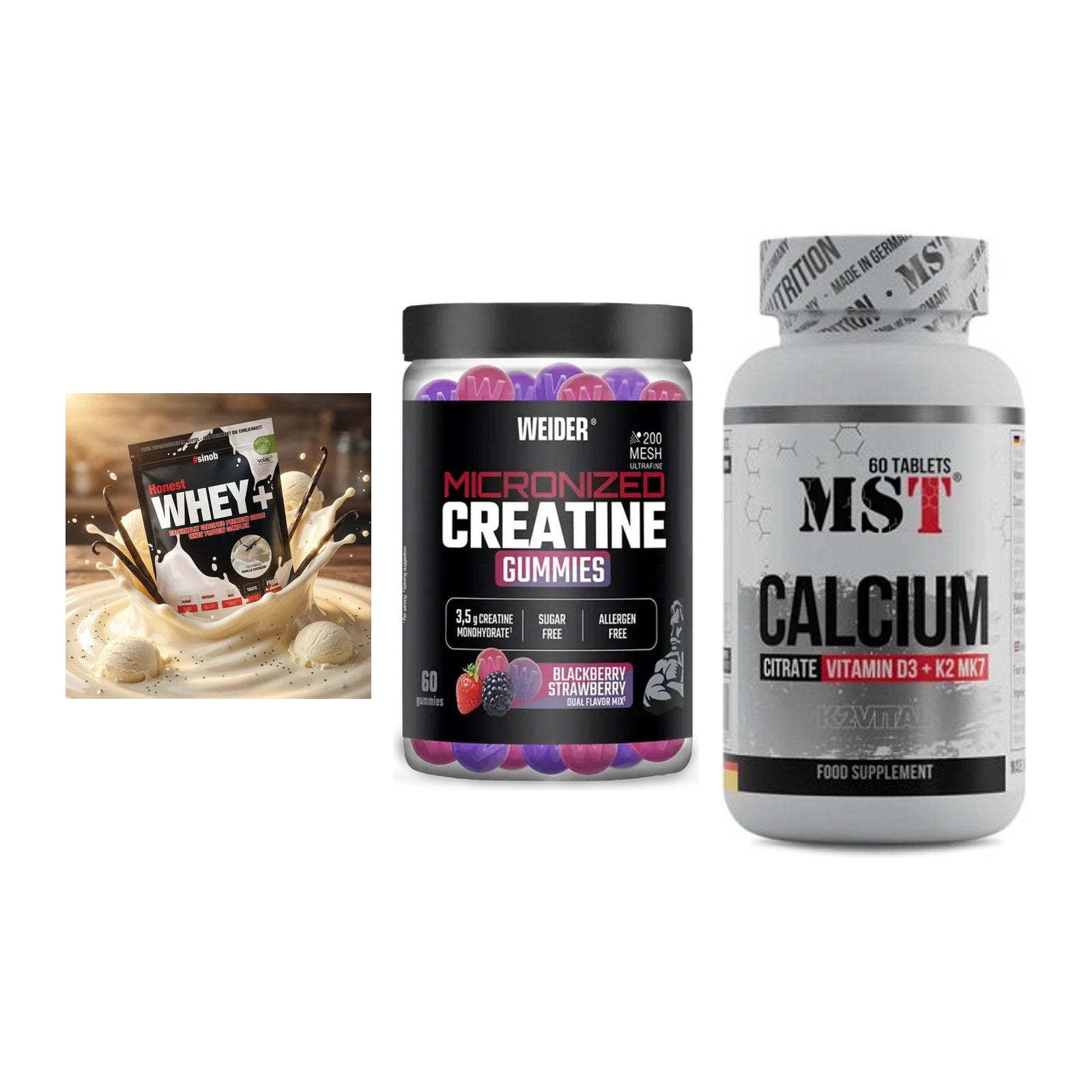 Einsteiger-Set: Sinob Honest + Weider Micronize + MST Calcium – alle enthaltenen Artikel