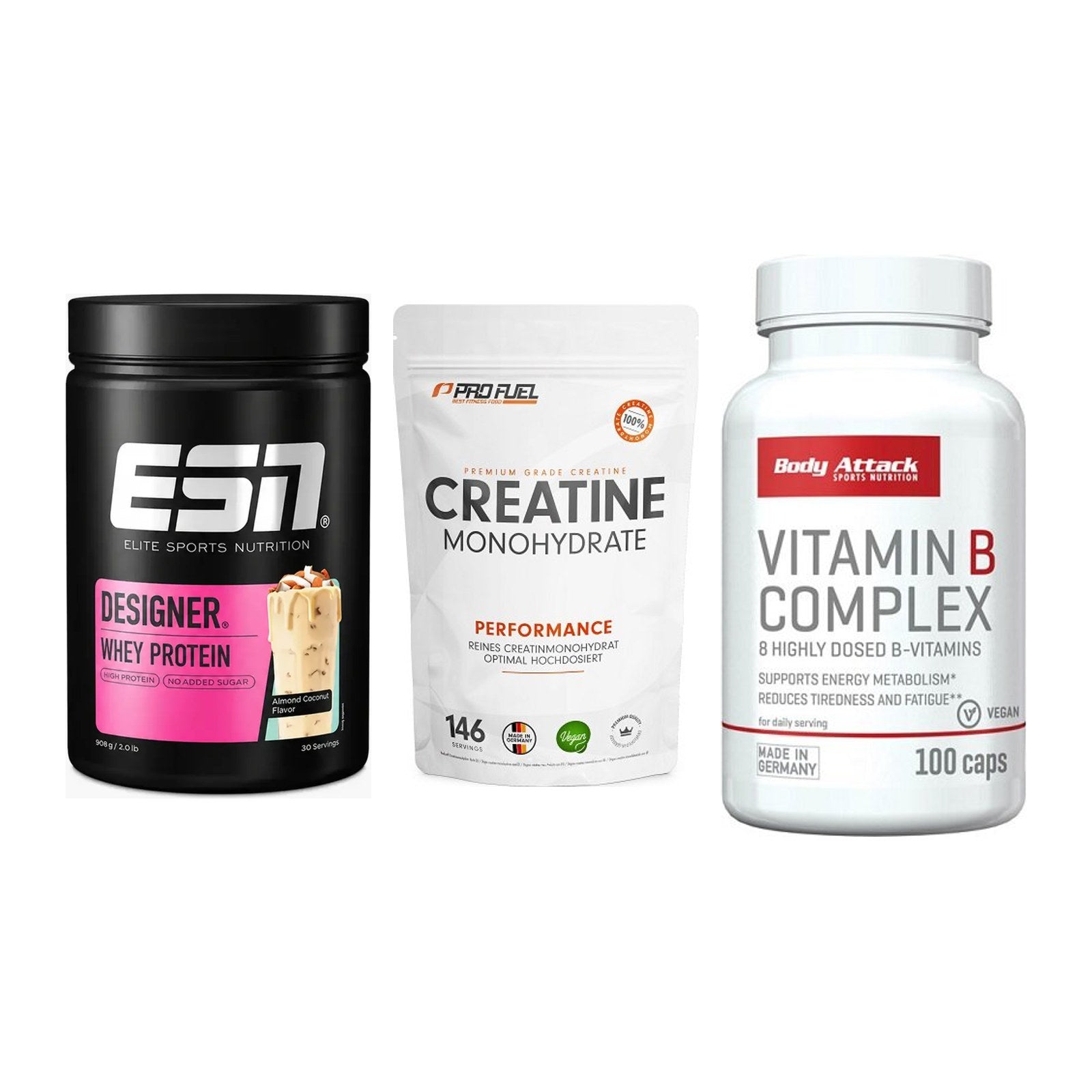 Einsteiger-Set: ESN Designer + ProFuel Creatine + Body Attack – alle enthaltenen Artikel