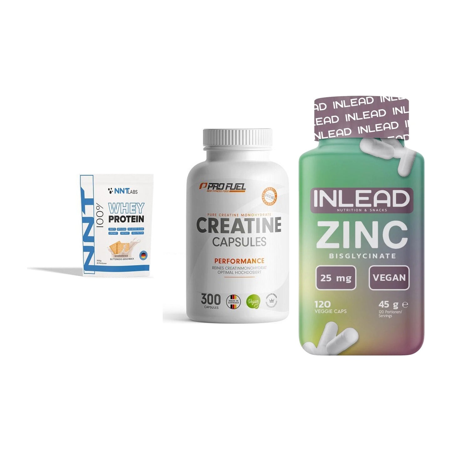 Einsteiger-Set: NNT Whey + ProFuel Creatine + INLEAD Zink – alle enthaltenen Artikel