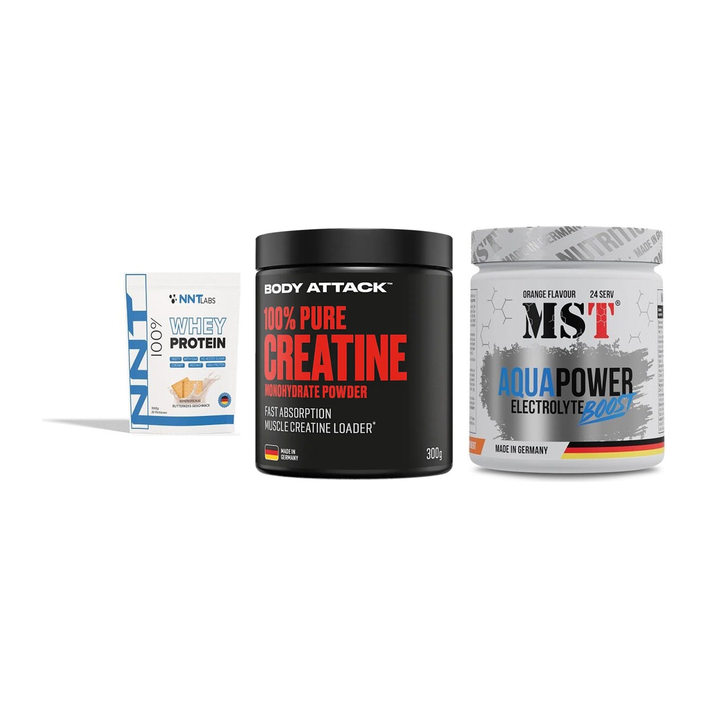Einsteiger-Set: NNT Whey + Body Attack 100% + MST Aqua Power – alle enthaltenen Artikel