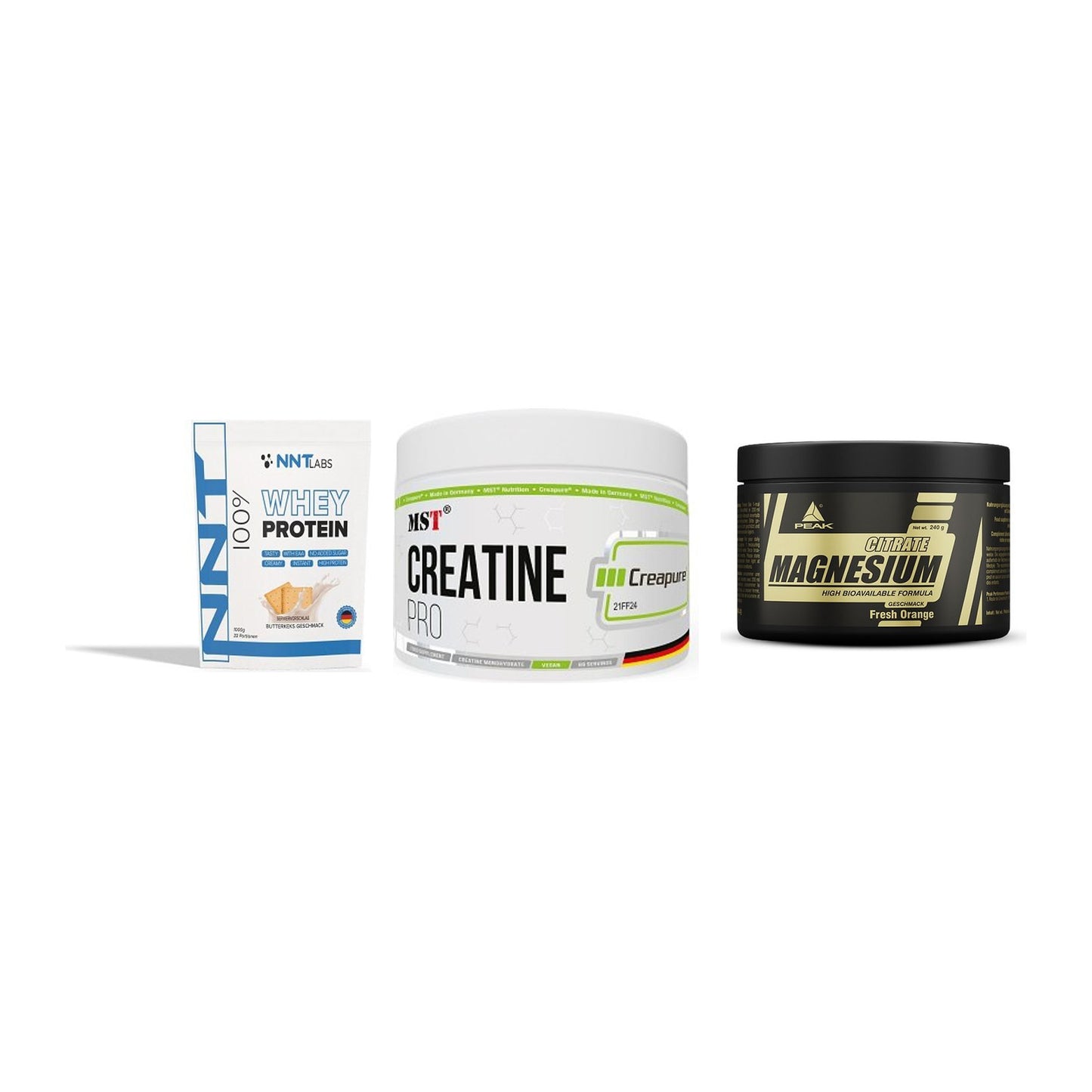 Einsteiger-Set: NNT Whey + MST Creatin Pro + Peak Magnesium – alle enthaltenen Artikel