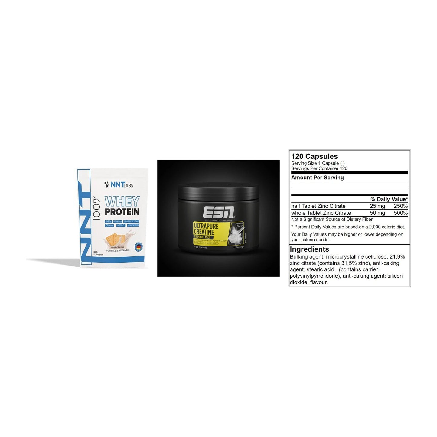 Einsteiger-Set: NNT Whey + ESN Ultrapure + GN Zinc Citrate – alle enthaltenen Artikel