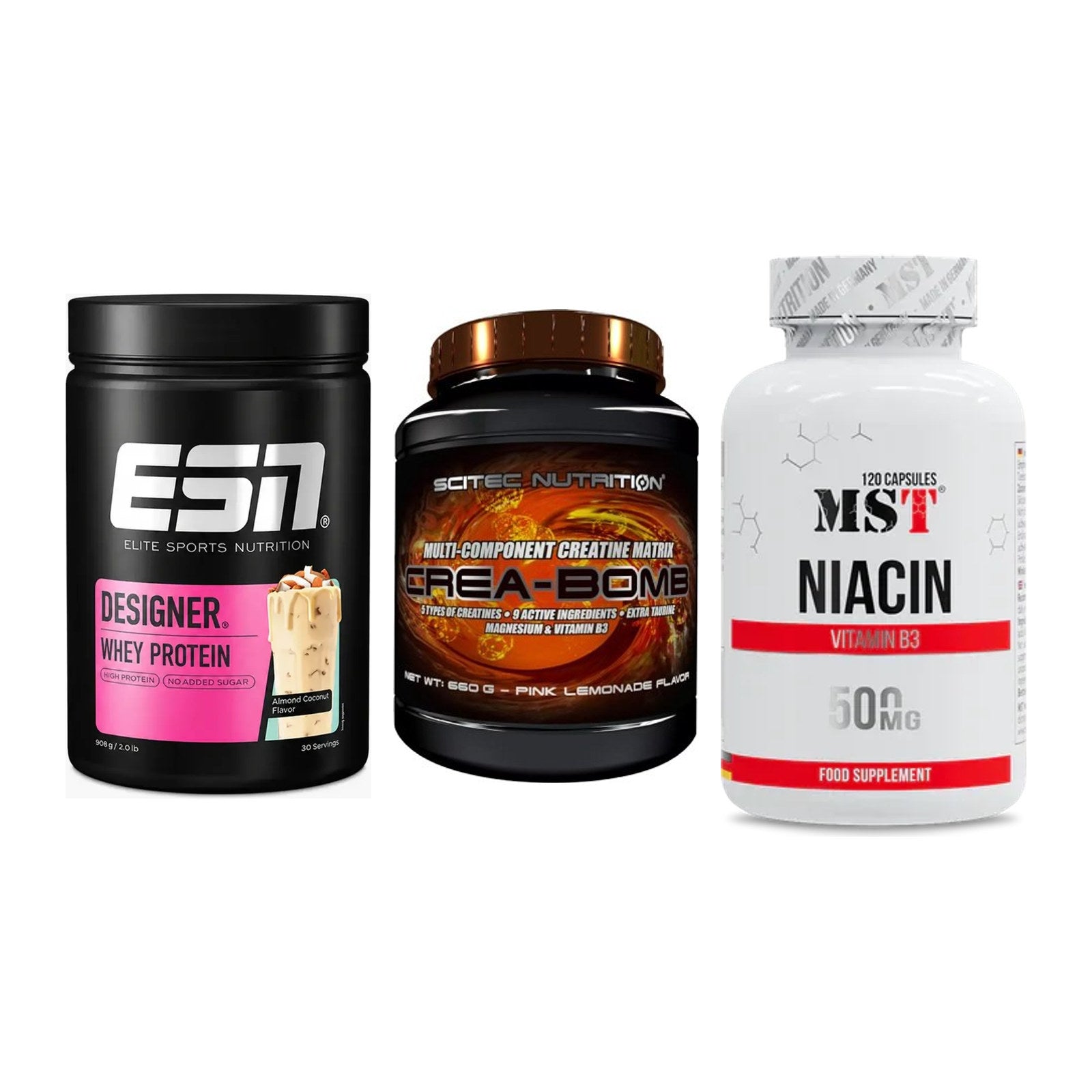 Einsteiger-Set: ESN Designer Whey + Scitec Crea-Bomb + MST Niacin – alle enthaltenen Artikel