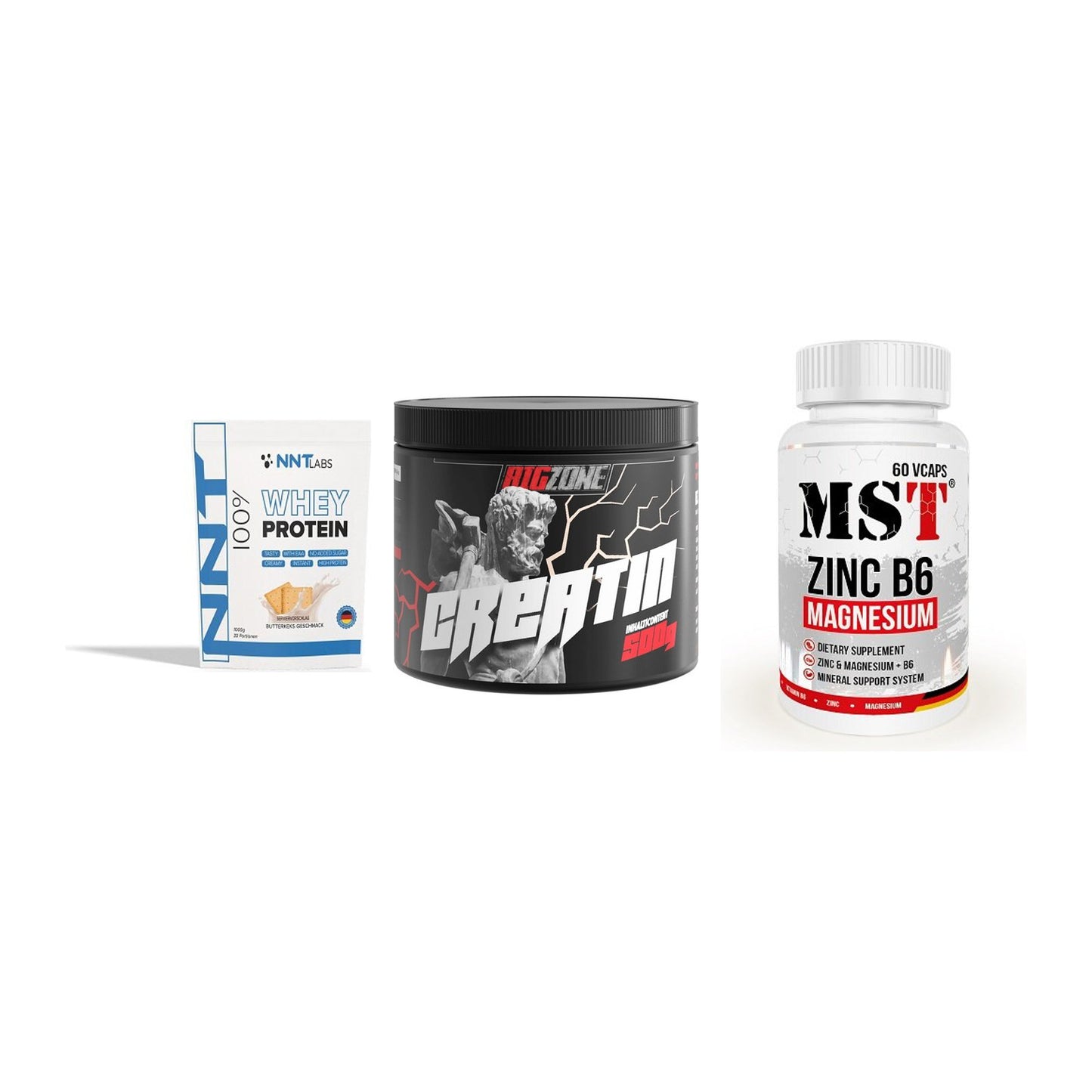 Einsteiger-Set: NNT Whey + Big Zone Creatin + MST Zinc – alle enthaltenen Artikel