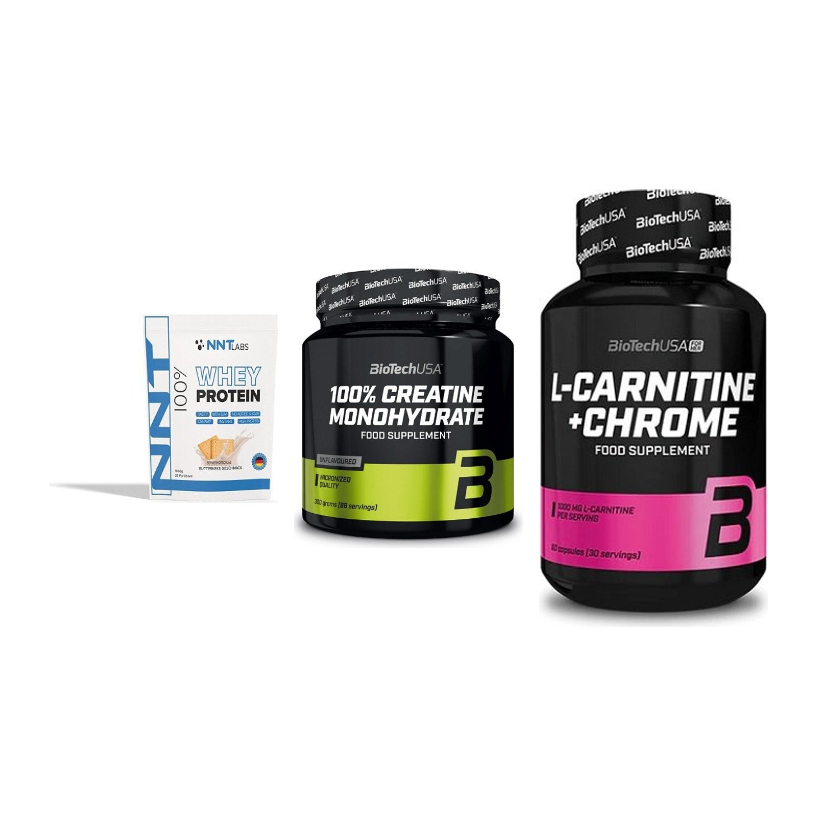 Einsteiger-Set: NNT Whey + BioTech Creatine + BioTech L-Carnit – alle enthaltenen Artikel