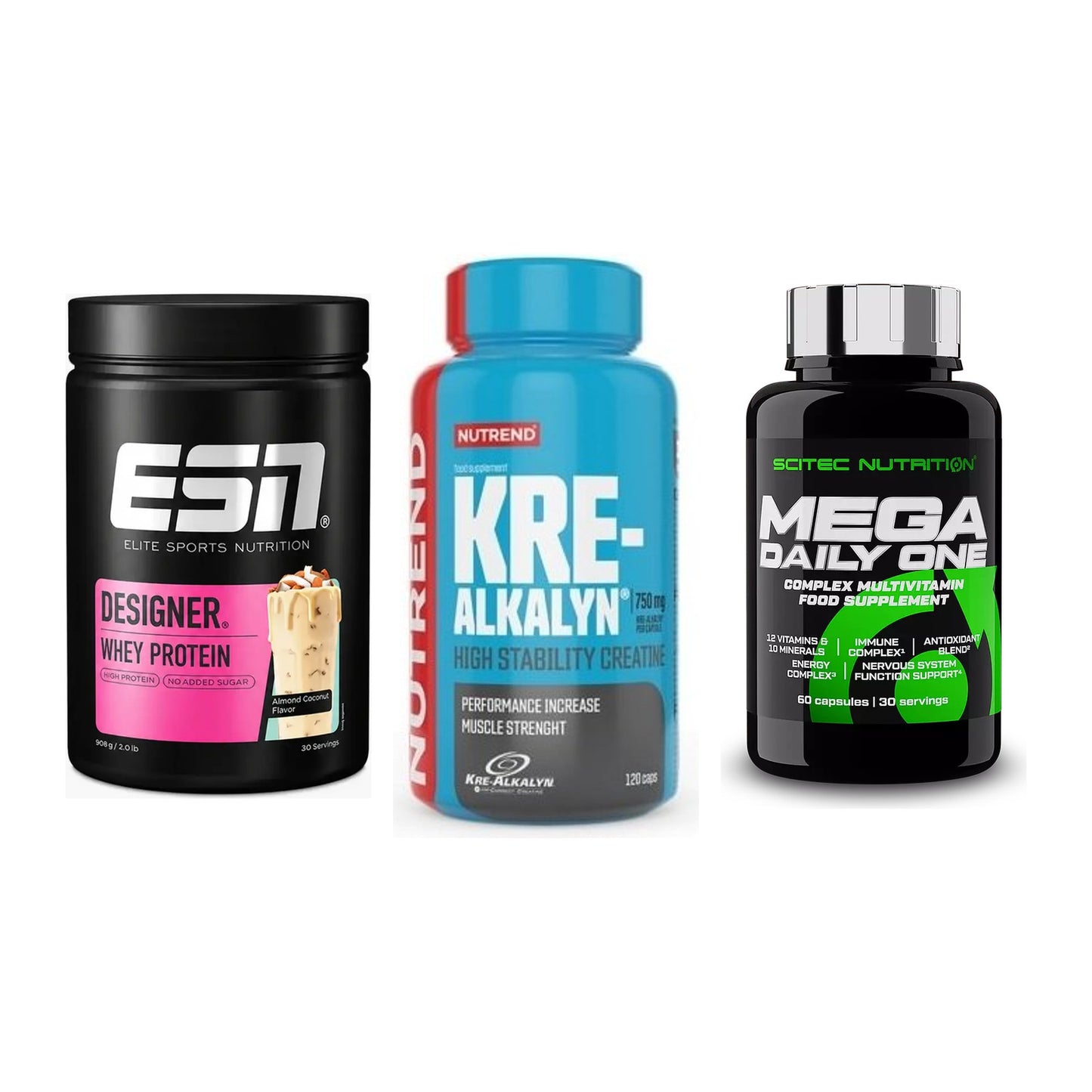 Einsteiger-Set: ESN Designer + Nutrend Kre-Alka + Scitec Mega – alle enthaltenen Artikel