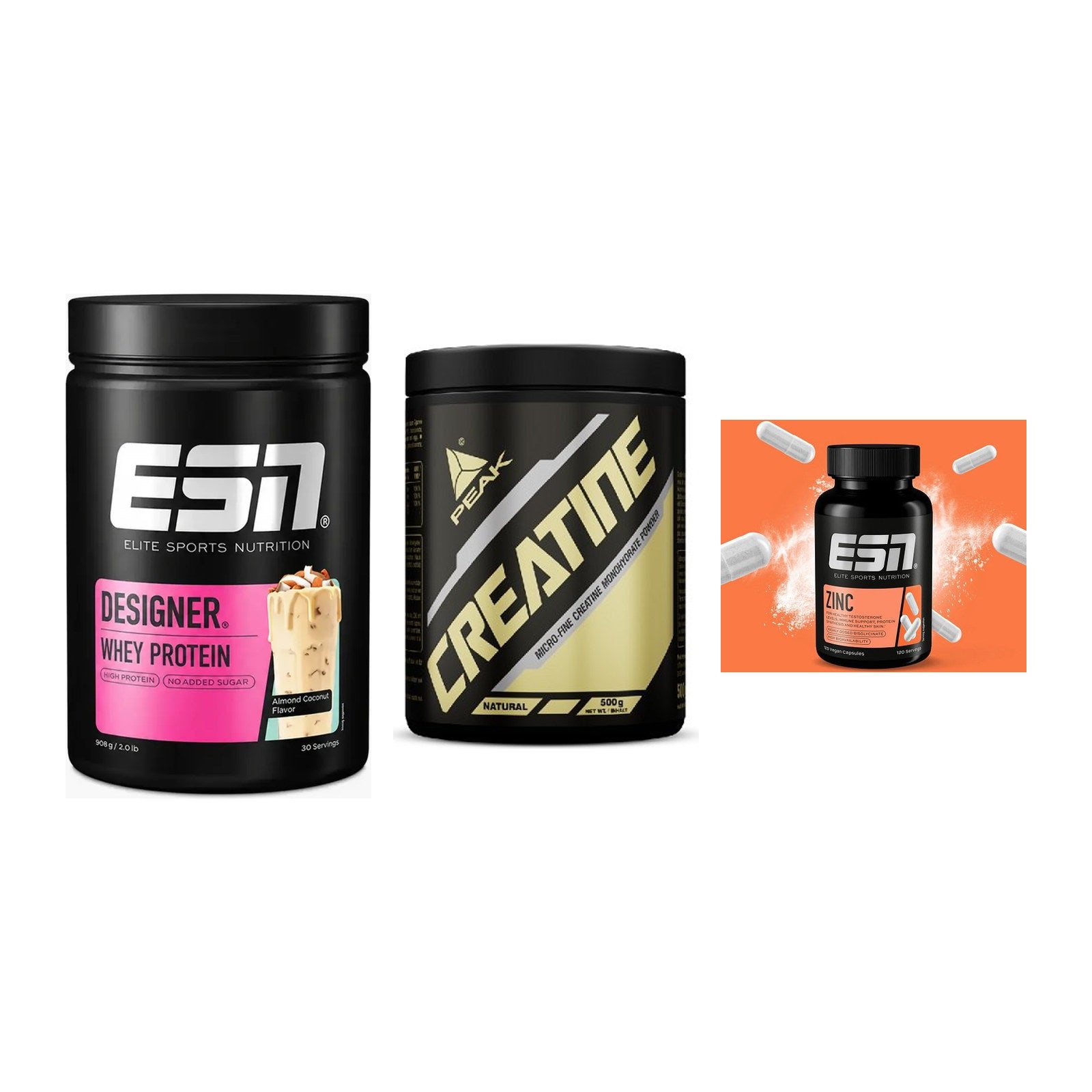 Einsteiger-Set: ESN Designer Whey + Peak Creatin Powder + ESN Zinc – alle enthaltenen Artikel