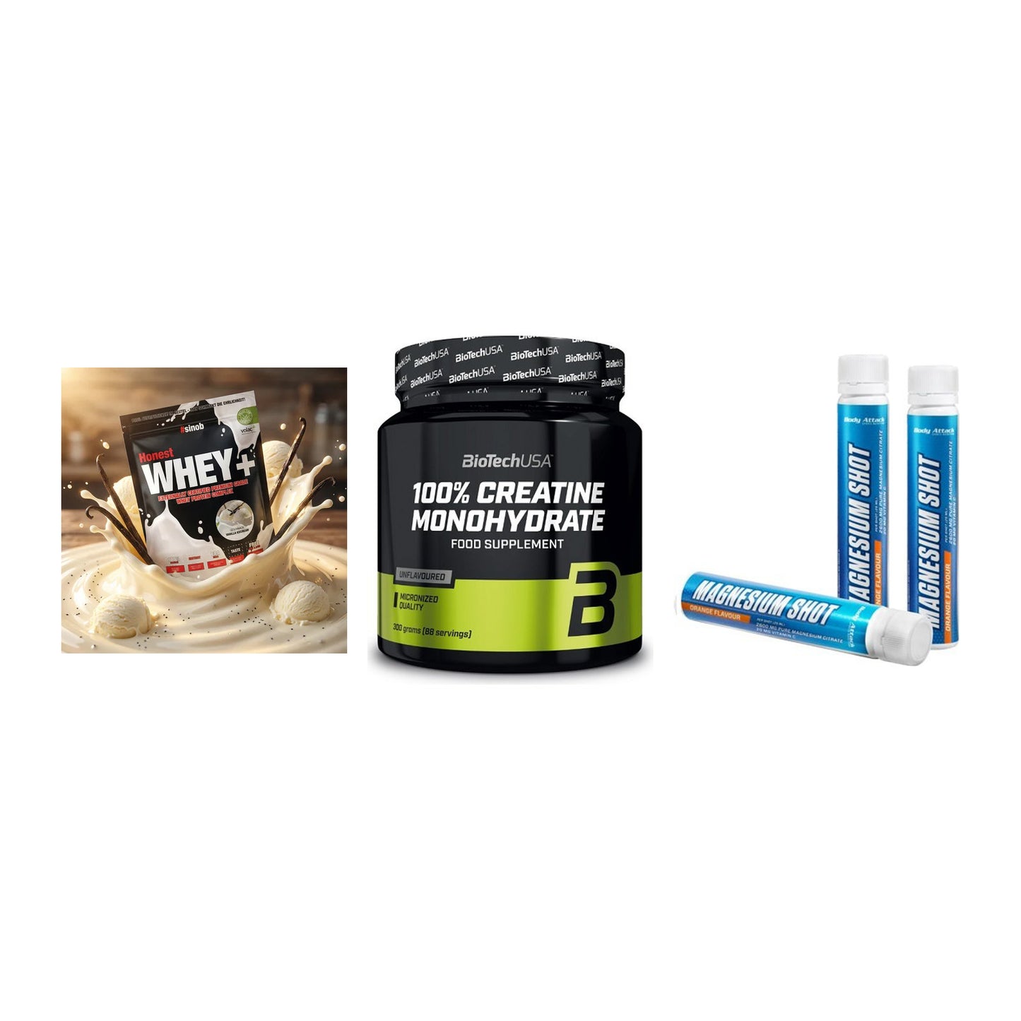 Einsteiger-Set: Sinob Honest + BioTech Creatine + Body Attack – alle enthaltenen Artikel