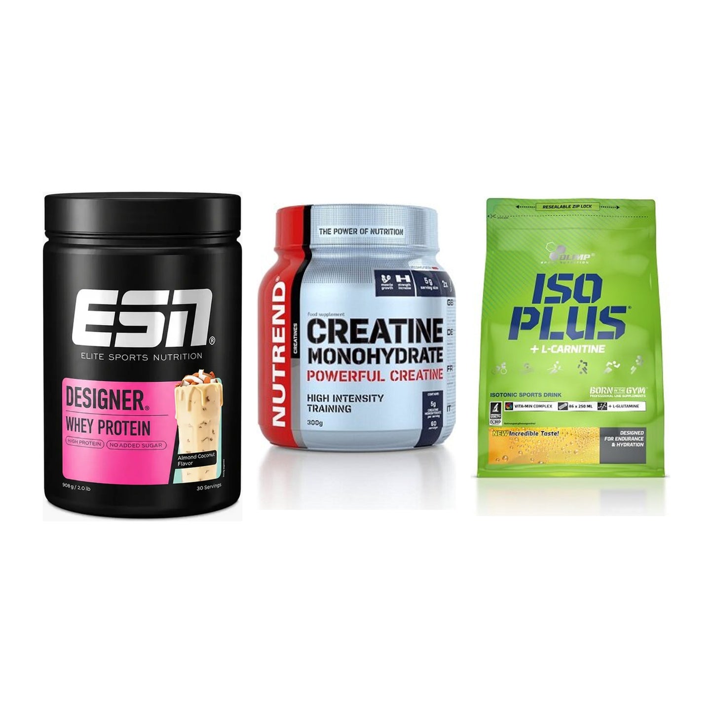 Einsteiger-Set: ESN Designer + Nutrend Creatine + Olimp Iso Plus – alle enthaltenen Artikel