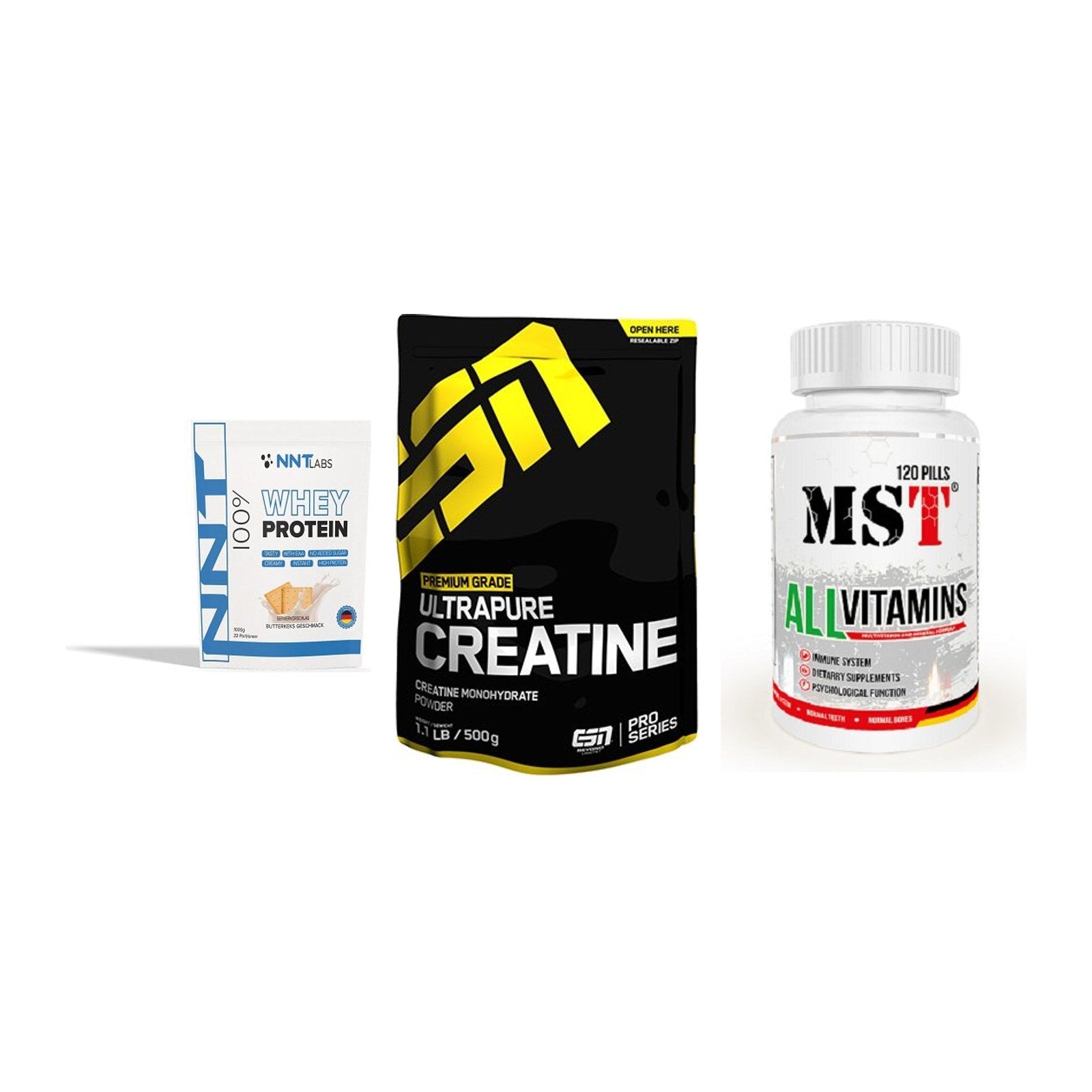 Einsteiger-Set: NNT Whey + ESN Ultrapure + MST All Vitamins – alle enthaltenen Artikel