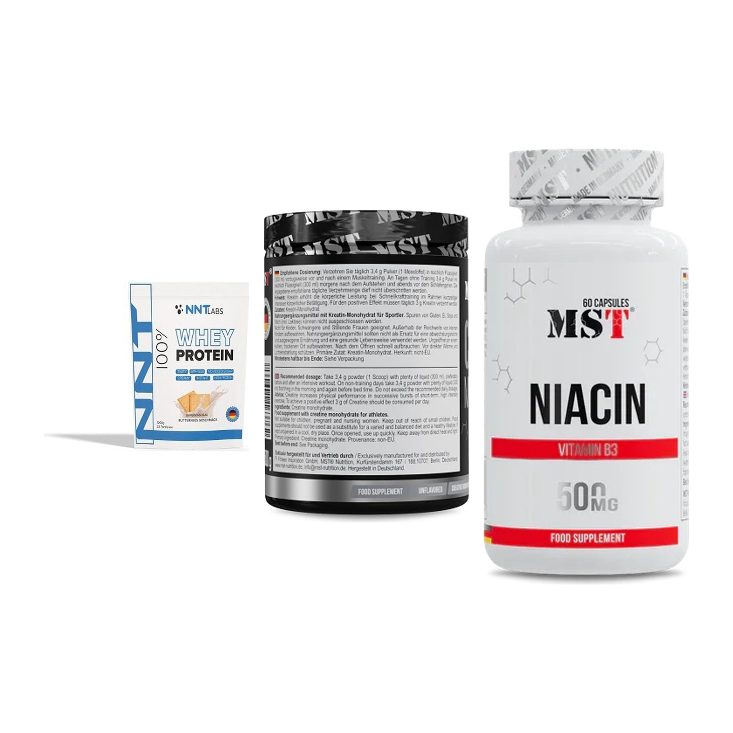 Einsteiger-Set: NNT Whey + MST Creatin Monohydrate + MST Niacin – alle enthaltenen Artikel