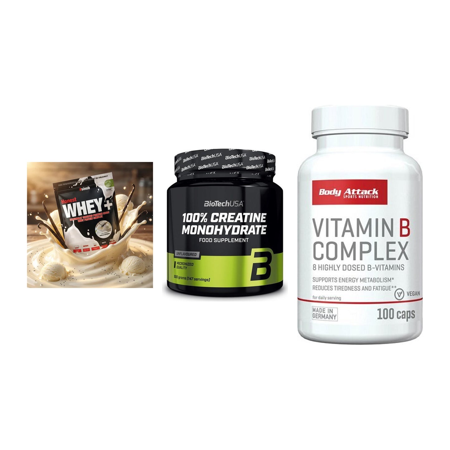 Einsteiger-Set: Sinob Honest + BioTech Creatine + Body Attack – alle enthaltenen Artikel