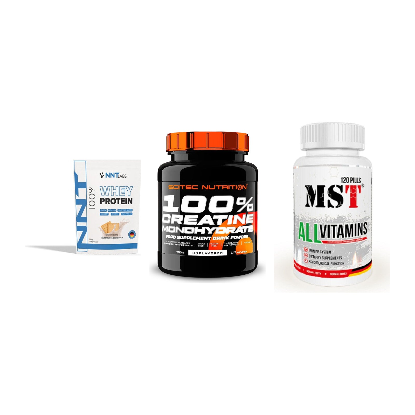 Einsteiger-Set: NNT Whey + Scitec Creatine + MST All Vitamins – alle enthaltenen Artikel
