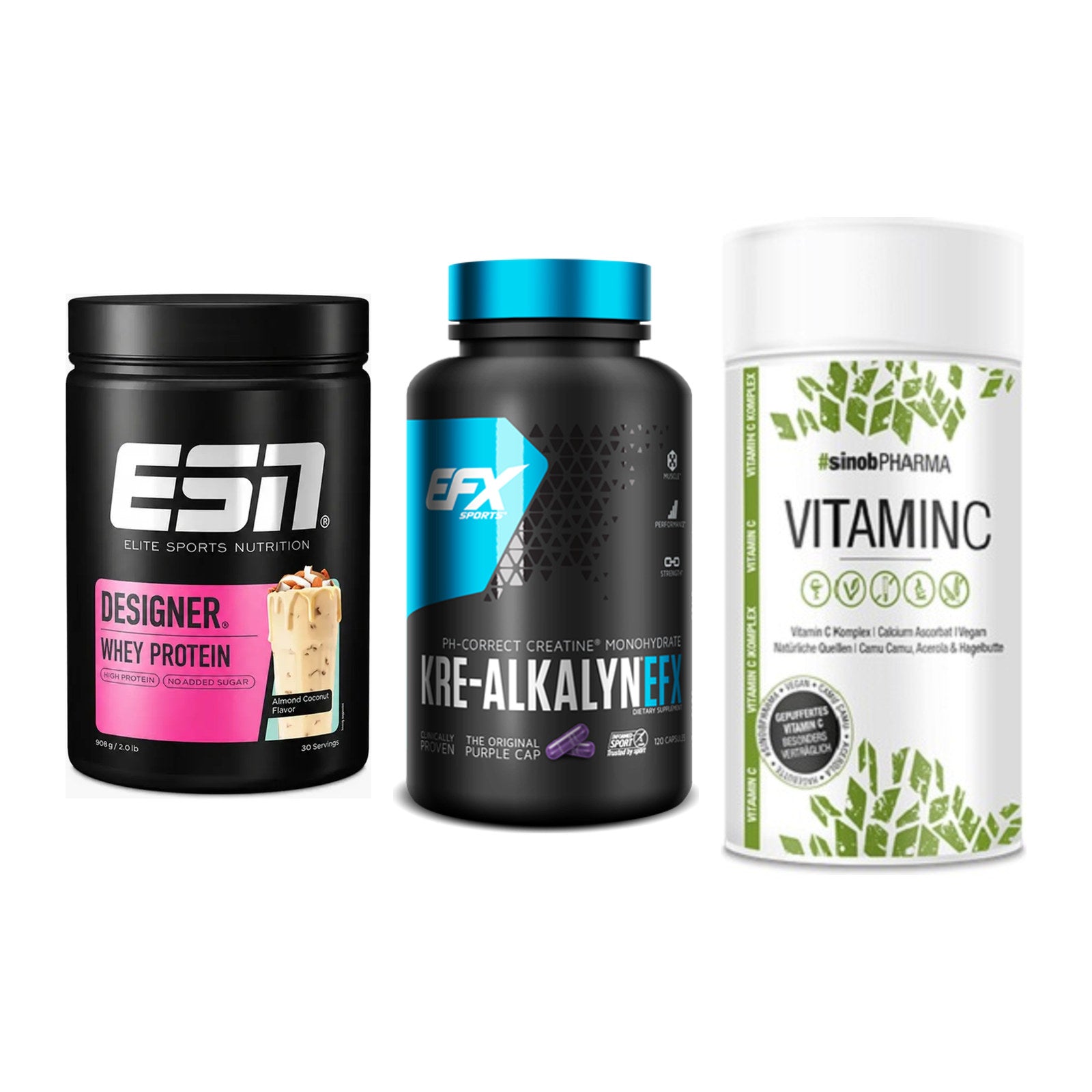 Einsteiger-Set: ESN Designer Whey + EFX Kre-Alkalyn + Sinob Vitamin C – alle enthaltenen Artikel