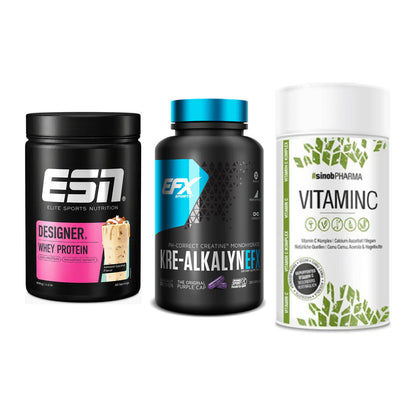 Einsteiger-Set: ESN Designer Whey + EFX Kre-Alkalyn + Sinob Vitamin C – alle enthaltenen Artikel