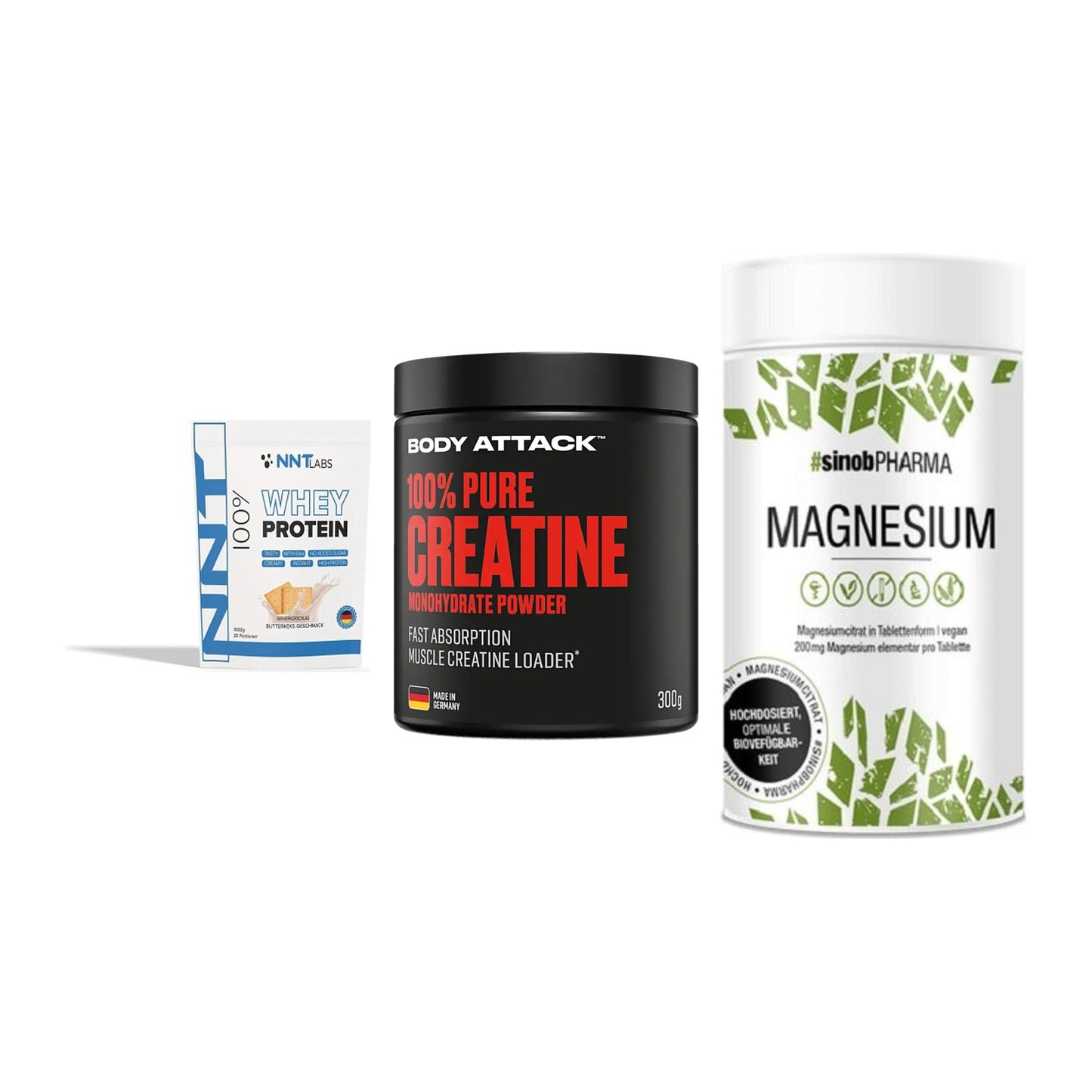 Einsteiger-Set: NNT Whey + Body Attack 100% + Sinob Magnesium – alle enthaltenen Artikel