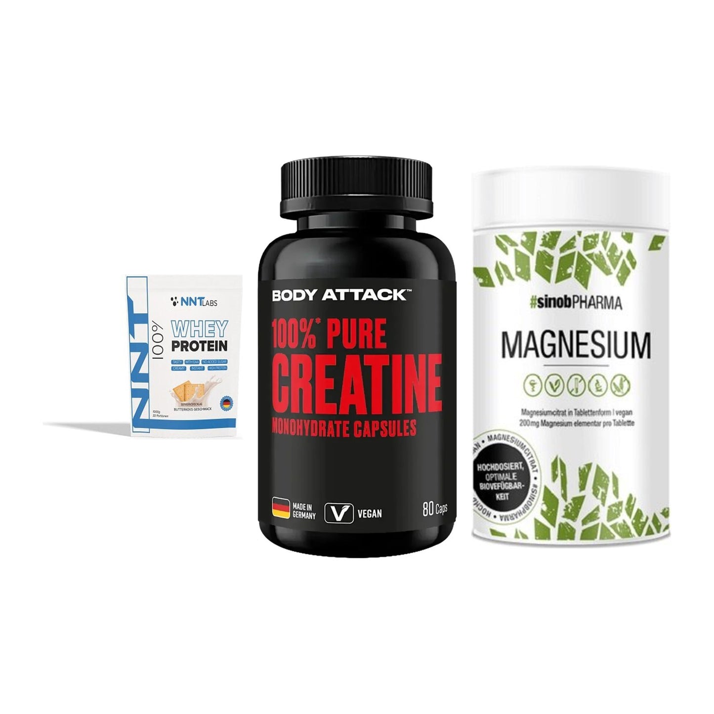 Einsteiger-Set: NNT Whey + Body Attack 100% + Sinob Magnesium – alle enthaltenen Artikel