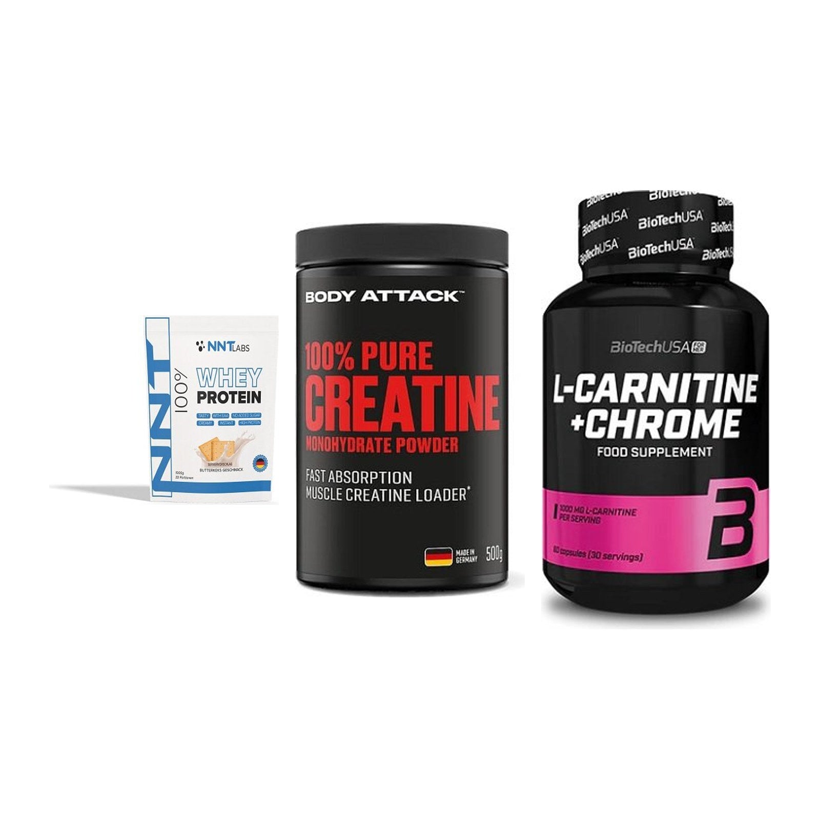 Einsteiger-Set: NNT Whey + Body Attack 100% + BioTech L-Carnit – alle enthaltenen Artikel