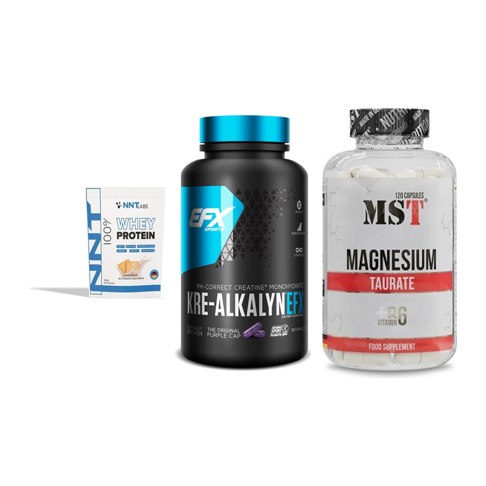 Einsteiger-Set: NNT Whey + EFX Kre-Alkalyn + MST Magnesium Taurat – alle enthaltenen Artikel