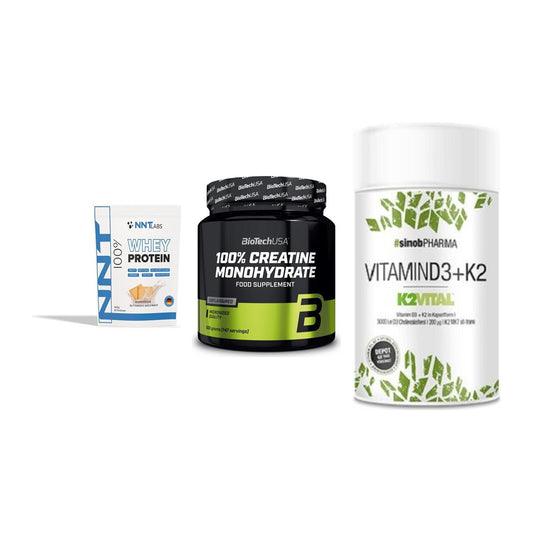 Einsteiger-Set: NNT Whey + BioTech Creatine + Sinob Vitamin D3 – alle enthaltenen Artikel