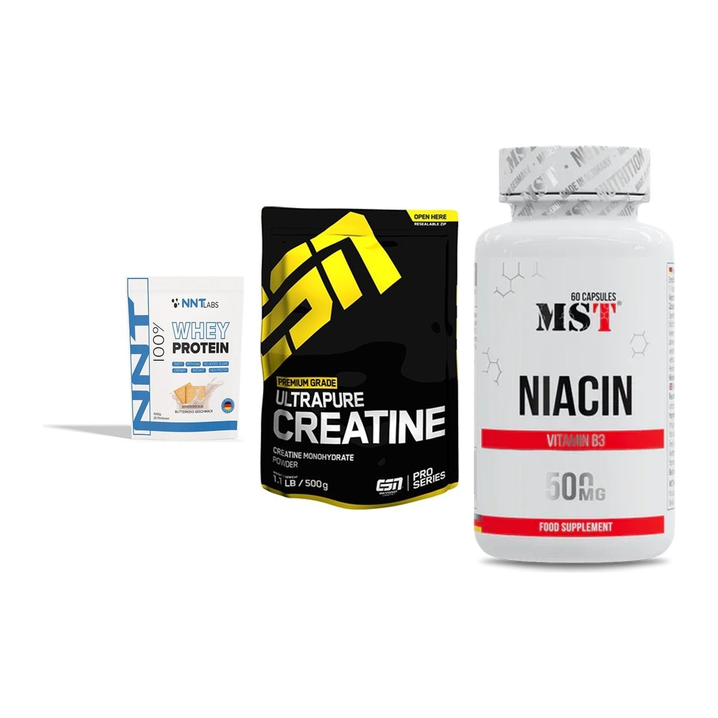 Einsteiger-Set: NNT Whey + ESN Ultrapure + MST Niacin – alle enthaltenen Artikel