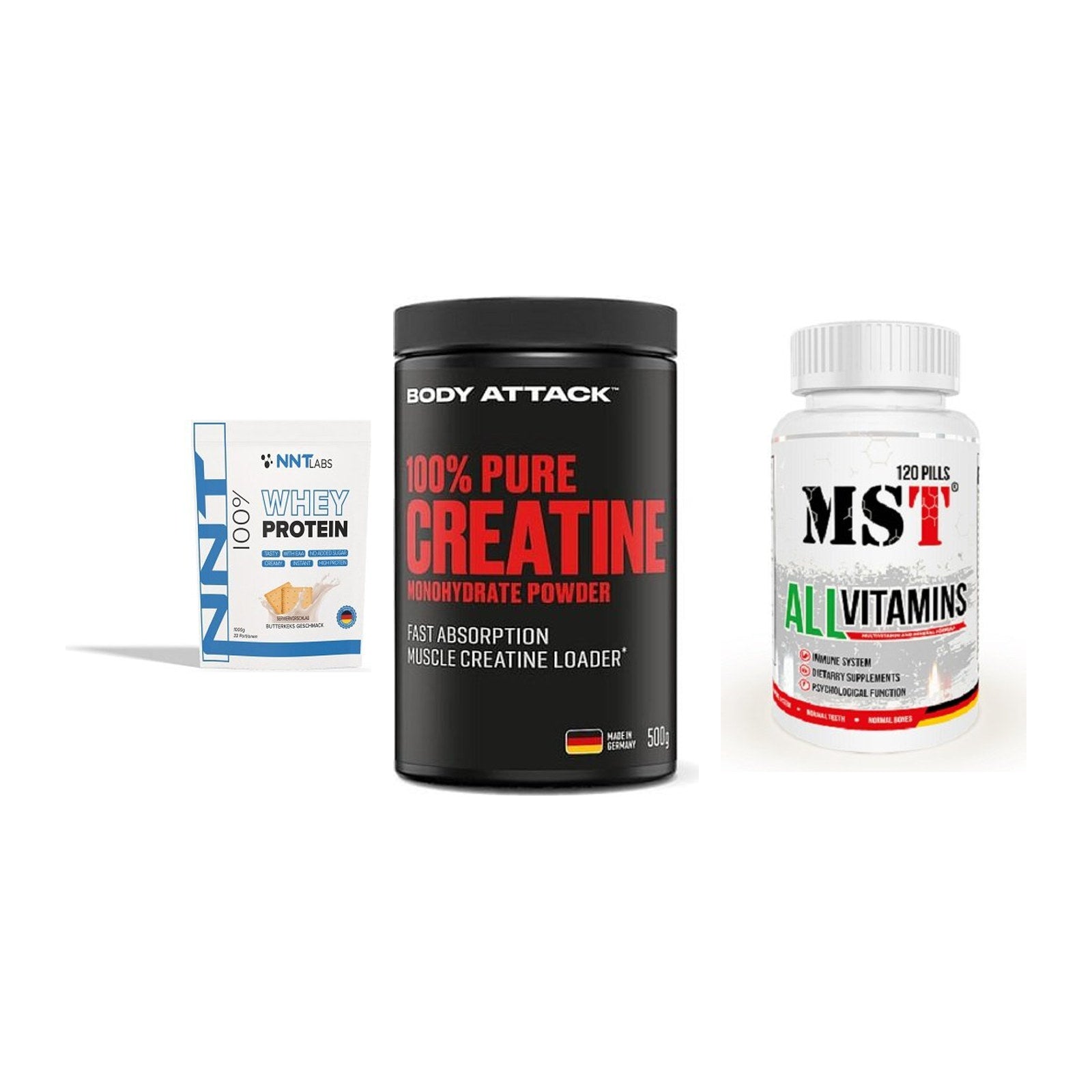 Einsteiger-Set: NNT Whey + Body Attack 100% + MST All Vitamins – alle enthaltenen Artikel