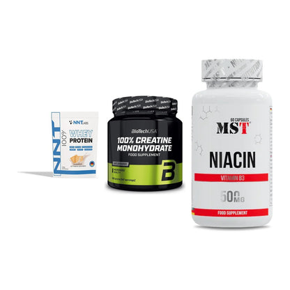 Einsteiger-Set: NNT Whey + BioTech Creatine Monohydrate + MST Niacin – alle enthaltenen Artikel