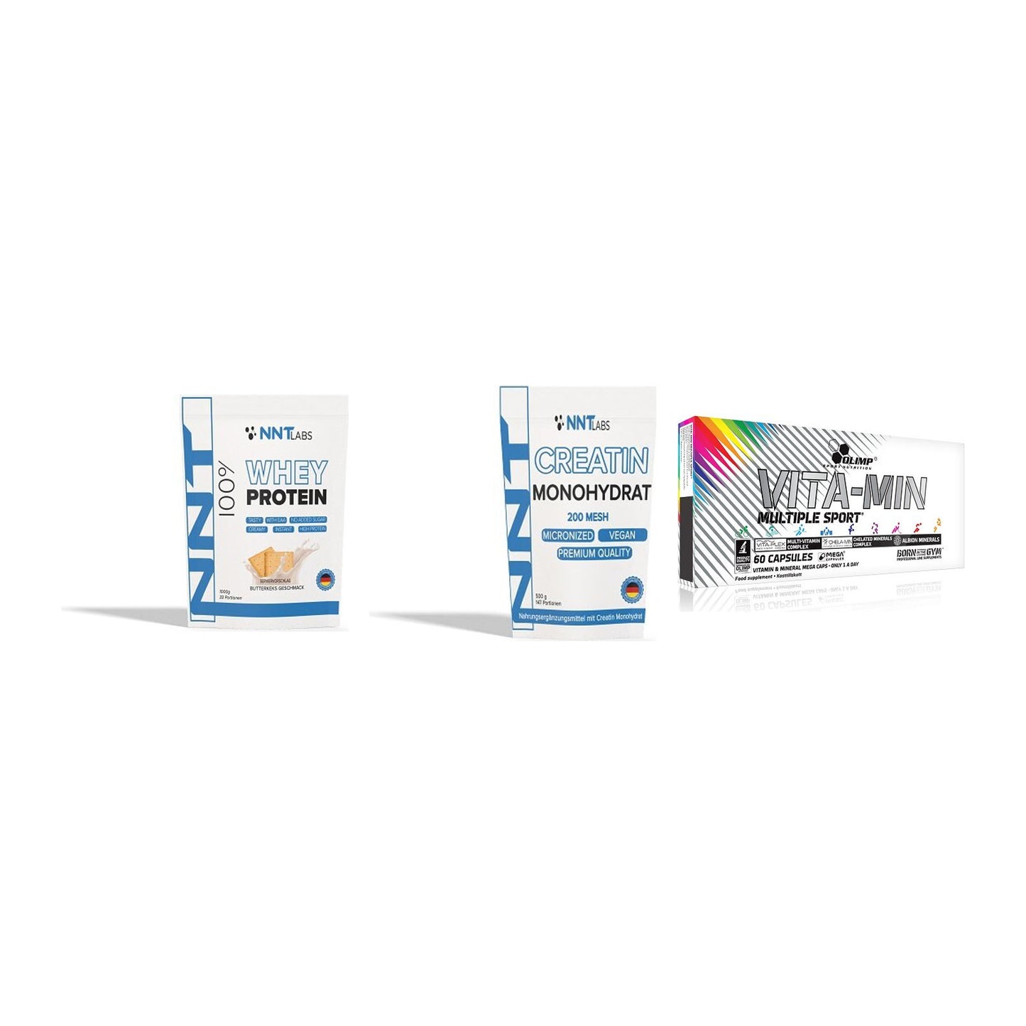 Einsteiger-Set: NNT Whey + NNT Creatin + Olimp Vita-Min – alle enthaltenen Artikel