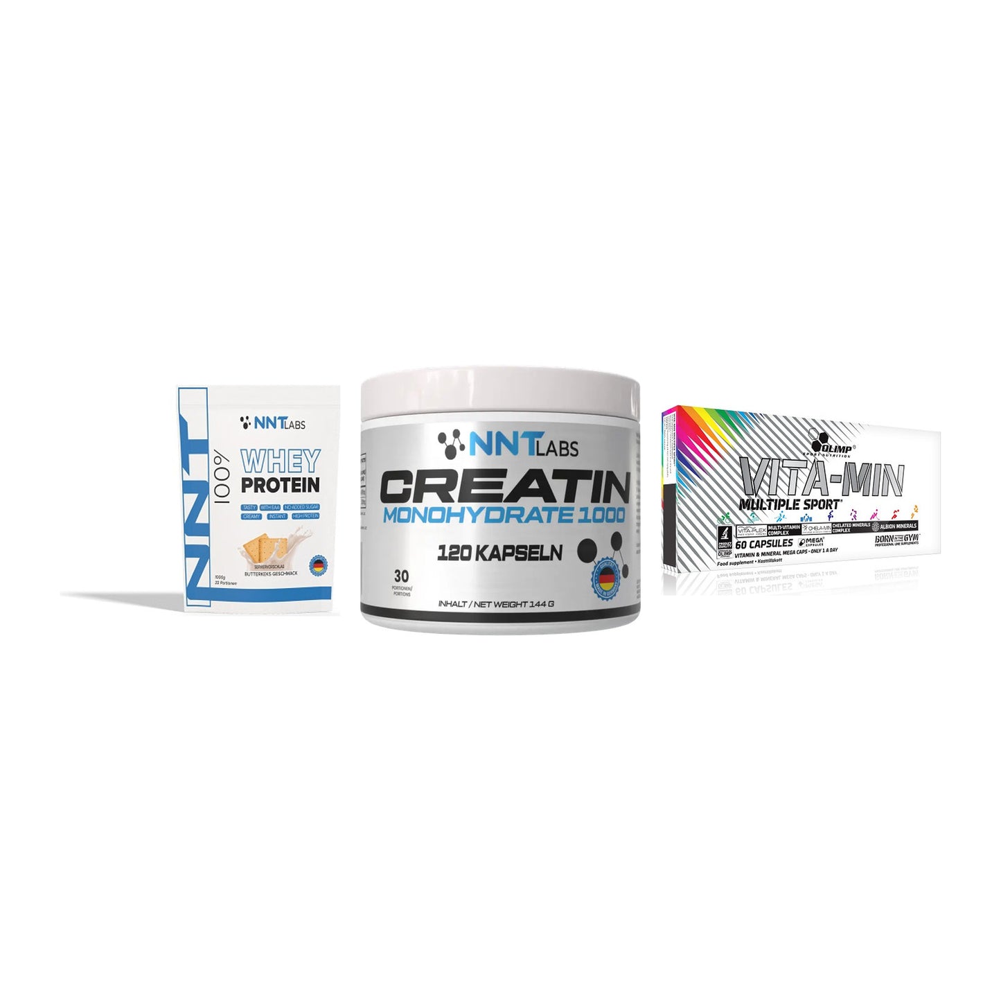 Einsteiger-Set: NNT Whey + NNT Creatin 1000 + Olimp Vita-Min – alle enthaltenen Artikel