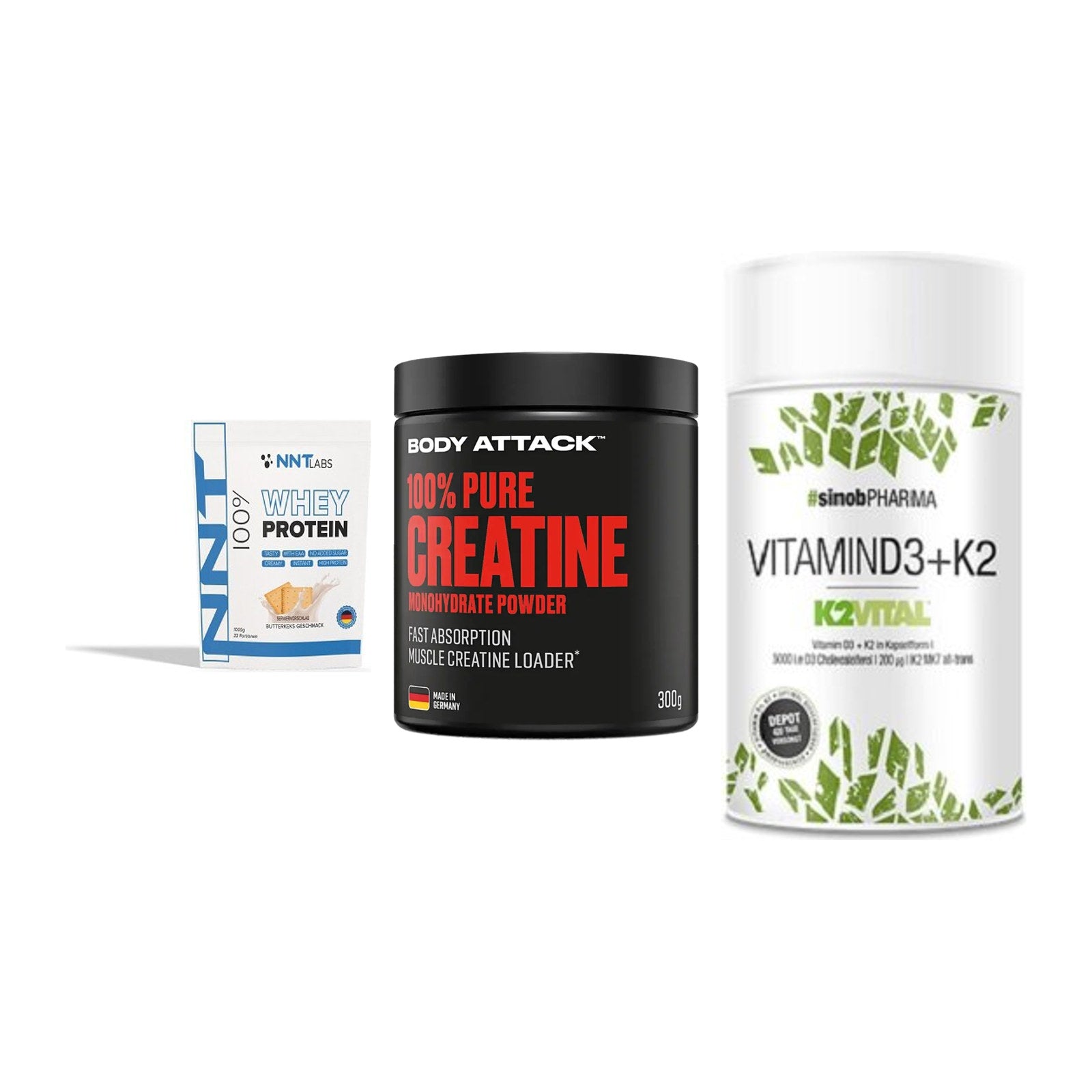 Einsteiger-Set: NNT Whey + Body Attack 100% + Sinob Vitamin D3 – alle enthaltenen Artikel