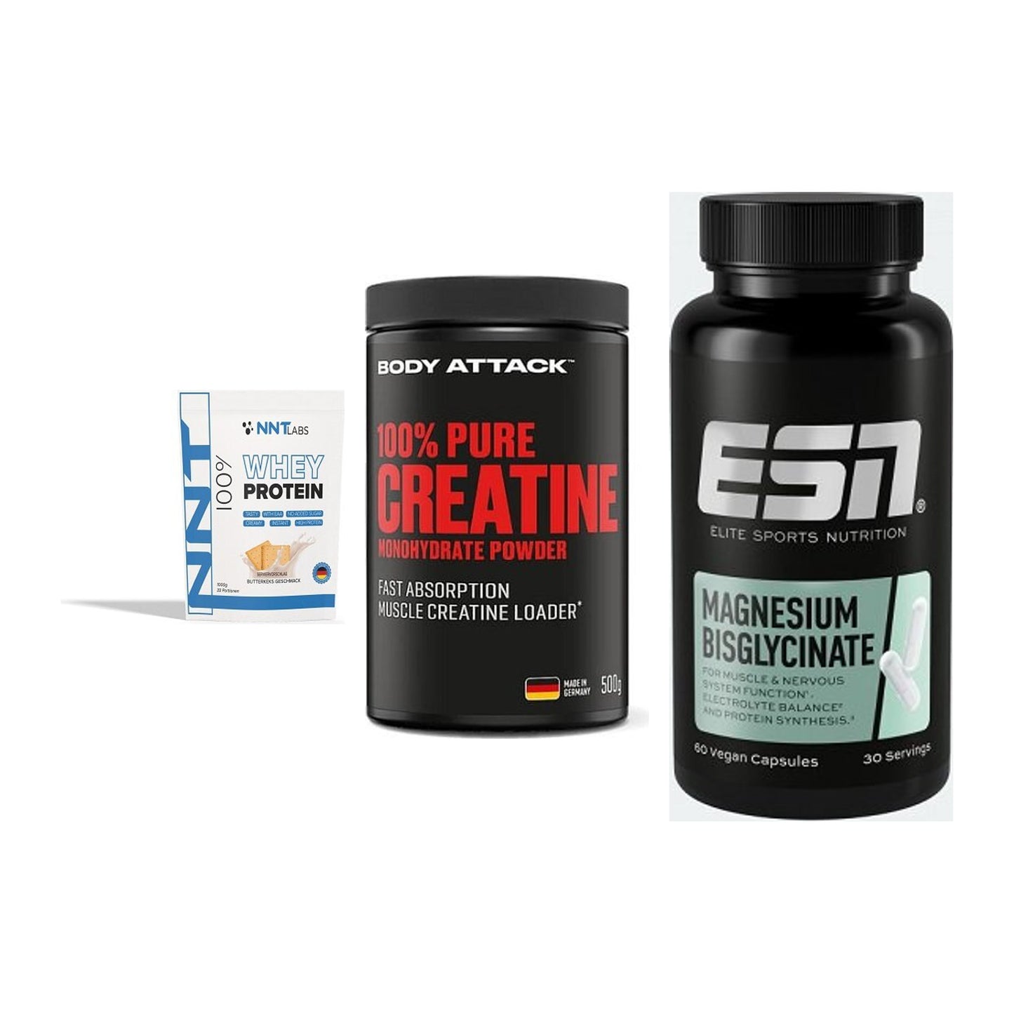 Einsteiger-Set: NNT Whey + Body Attack 100% + ESN Magnesium – alle enthaltenen Artikel