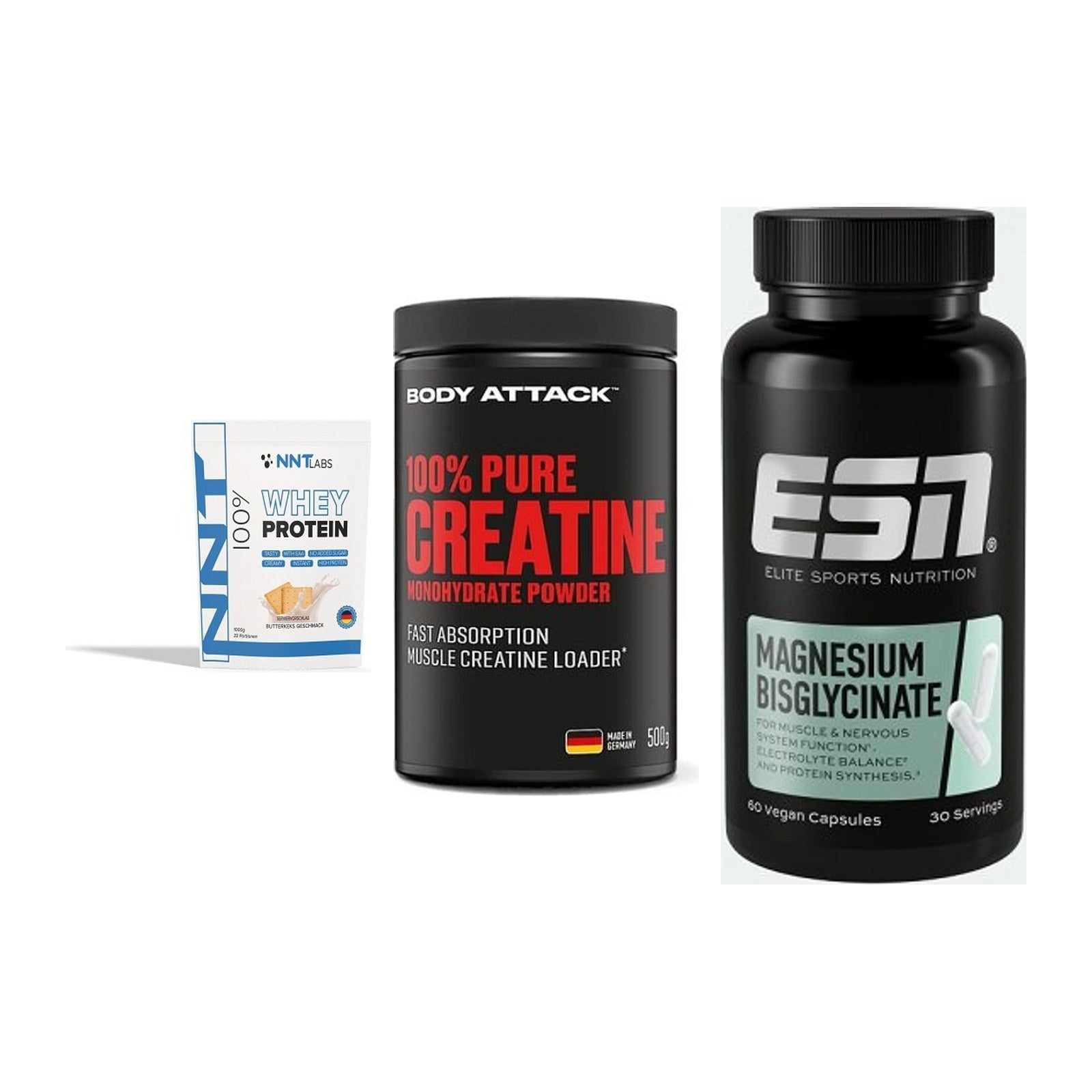 Einsteiger-Set: NNT Whey + Body Attack 100% + ESN Magnesium – alle enthaltenen Artikel