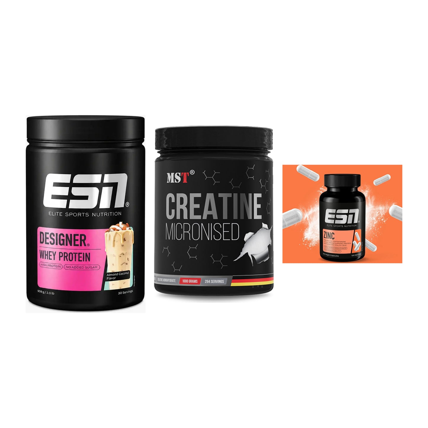 Einsteiger-Set: ESN Designer Whey + MST Creatin Monohydrate + ESN Zinc – alle enthaltenen Artikel